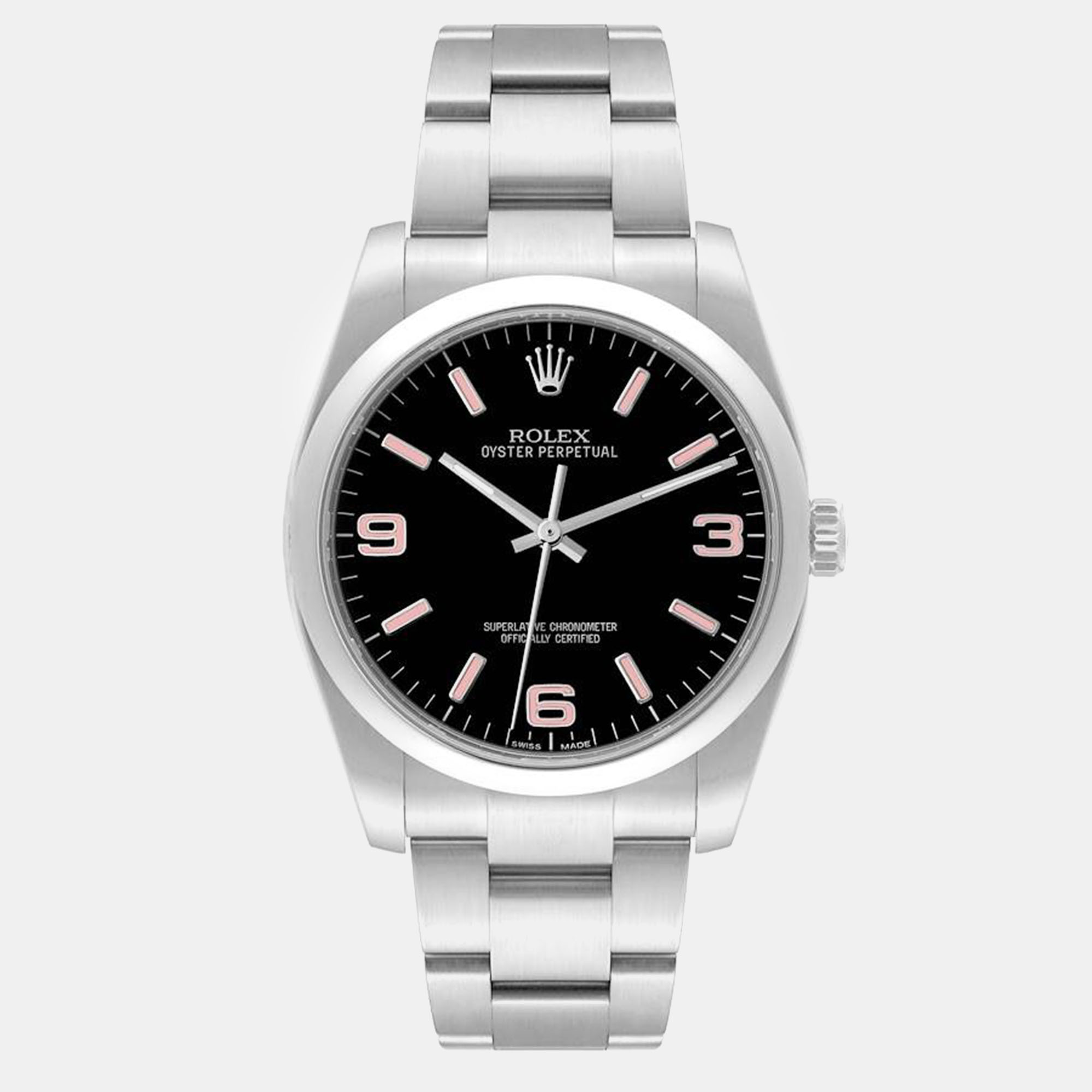 Rolex oyster perpetual pink baton black dial steel men's watch  36.0 mm