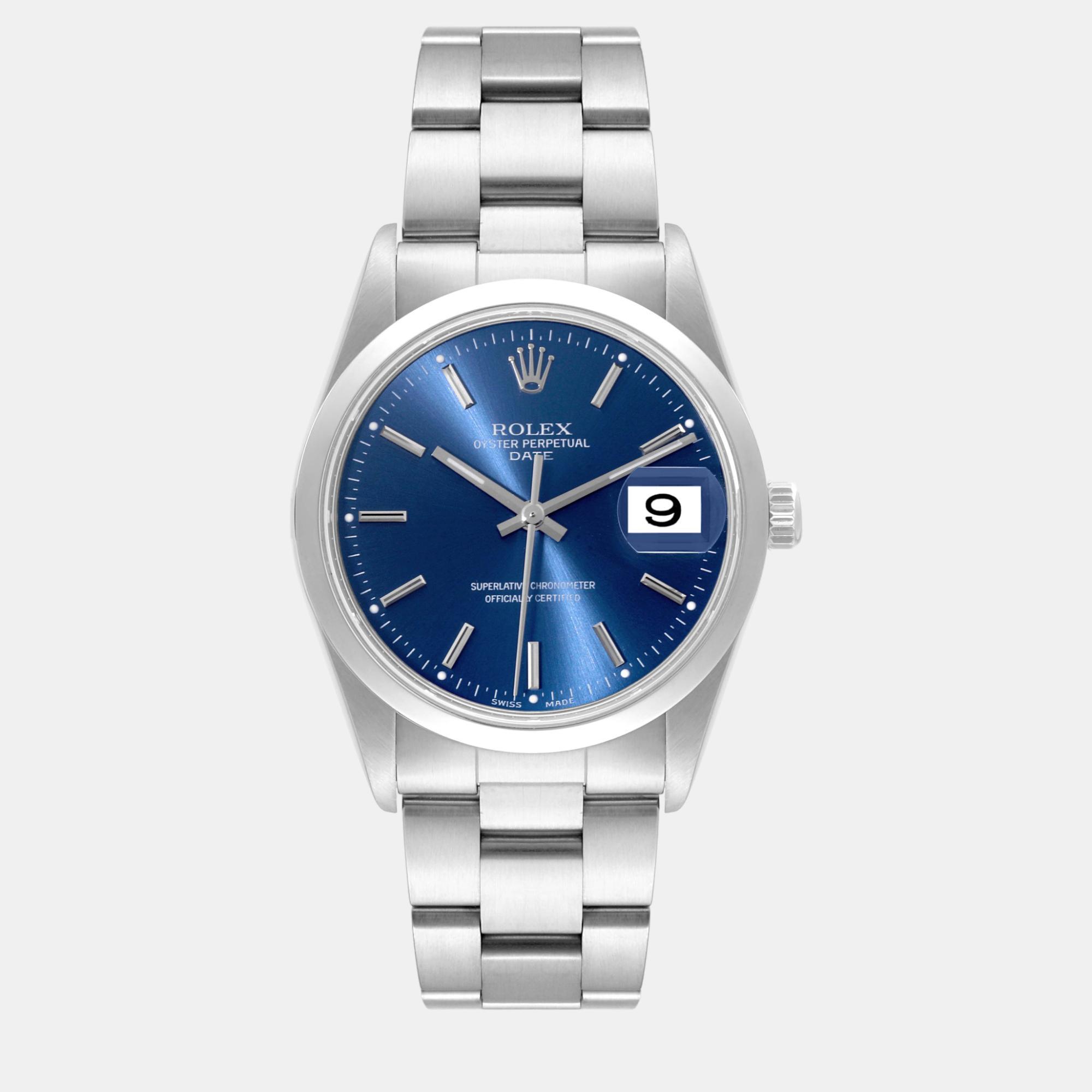 Rolex date blue dial smooth bezel steel men's watch 34.0 mm