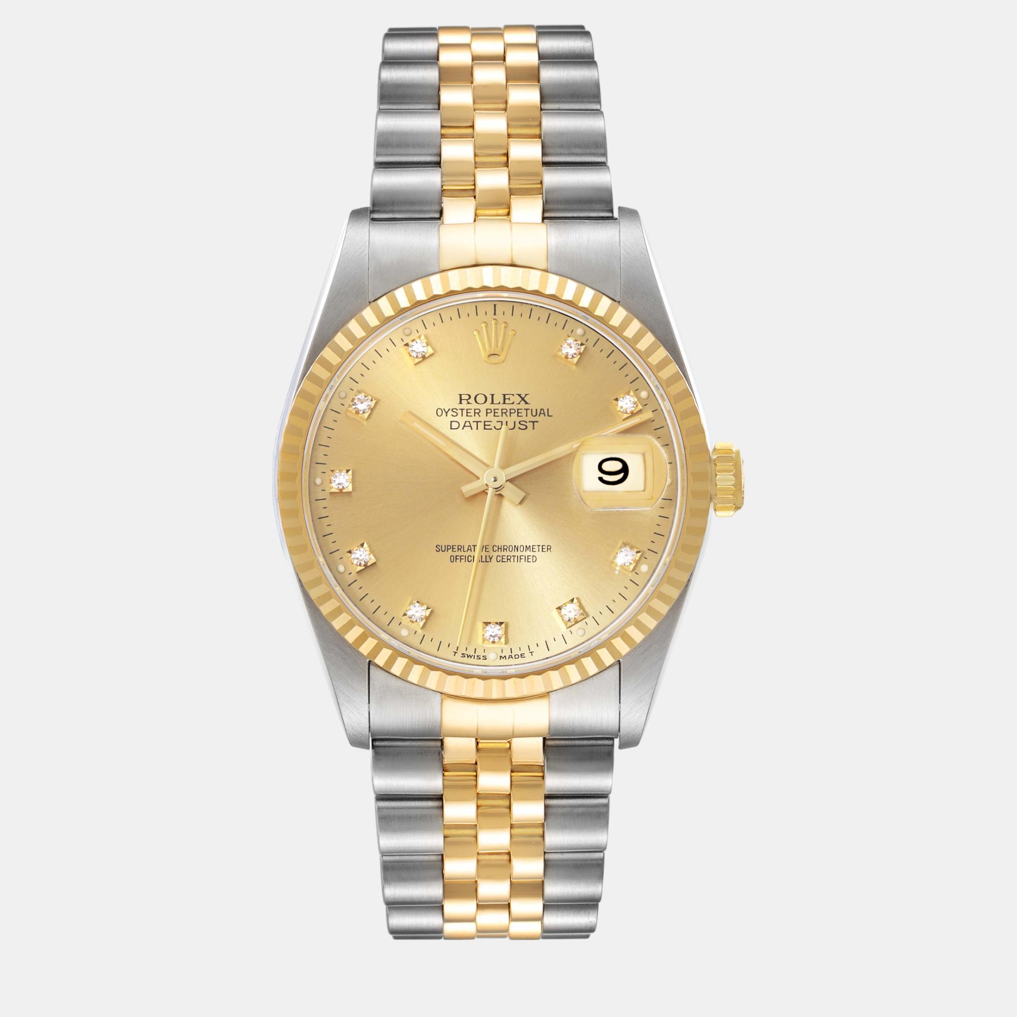 Rolex datejust champagne diamond dial steel yellow gold men's watch 16233 36 mm