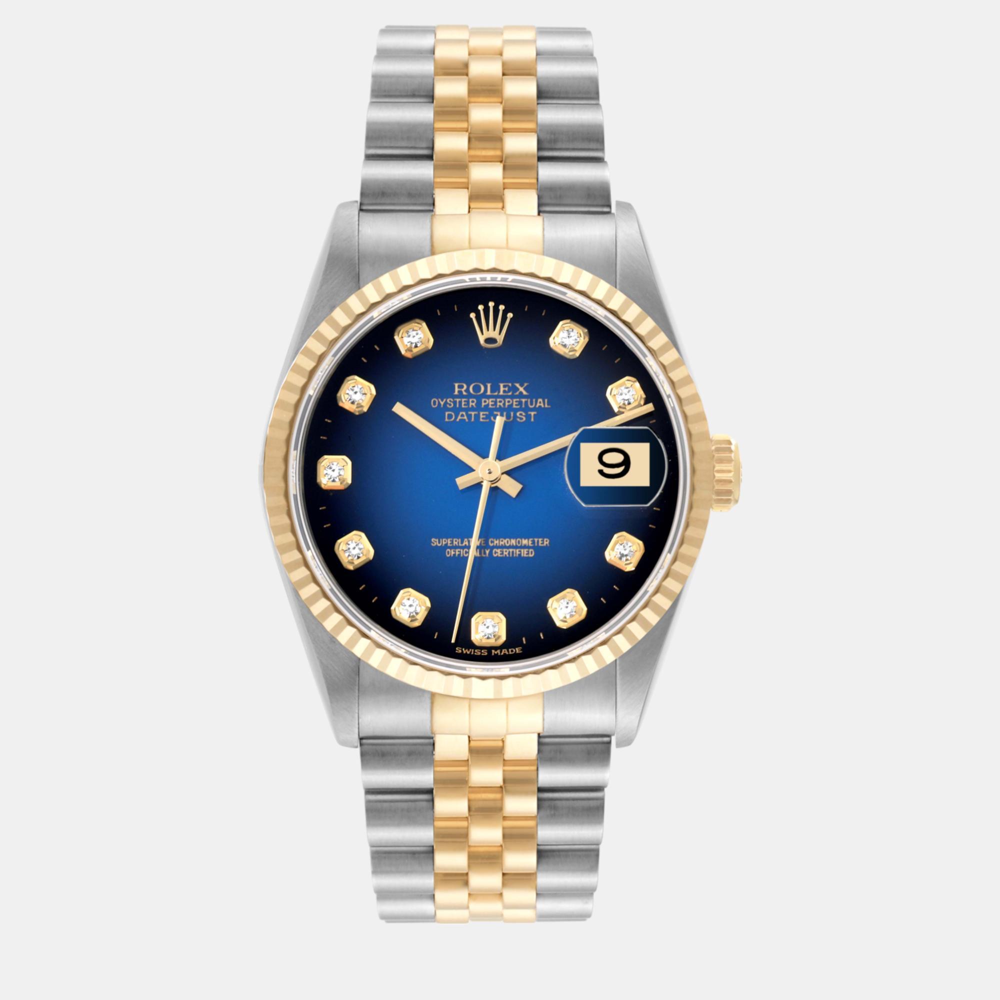 Rolex datejust blue vignette diamond dial steel yellow gold men's watch 16233 36 mm