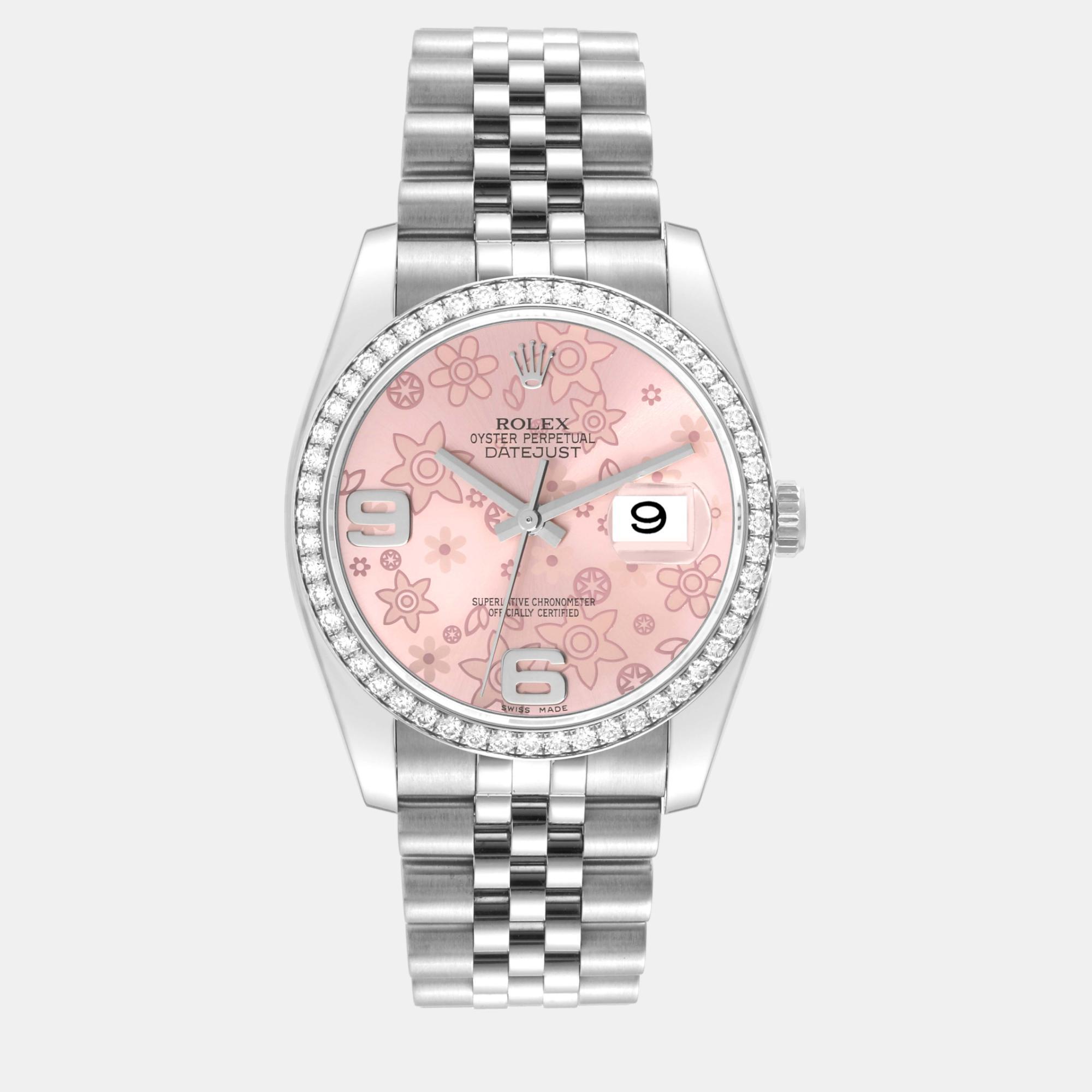 Rolex datejust pink flower dial diamond bezel steel watch 116244 36 mm