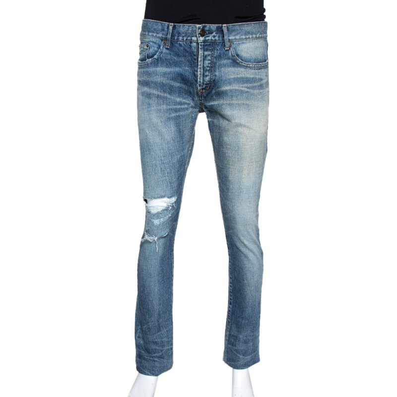 Saint laurent paris indigo washed denim distressed slim fit jeans s