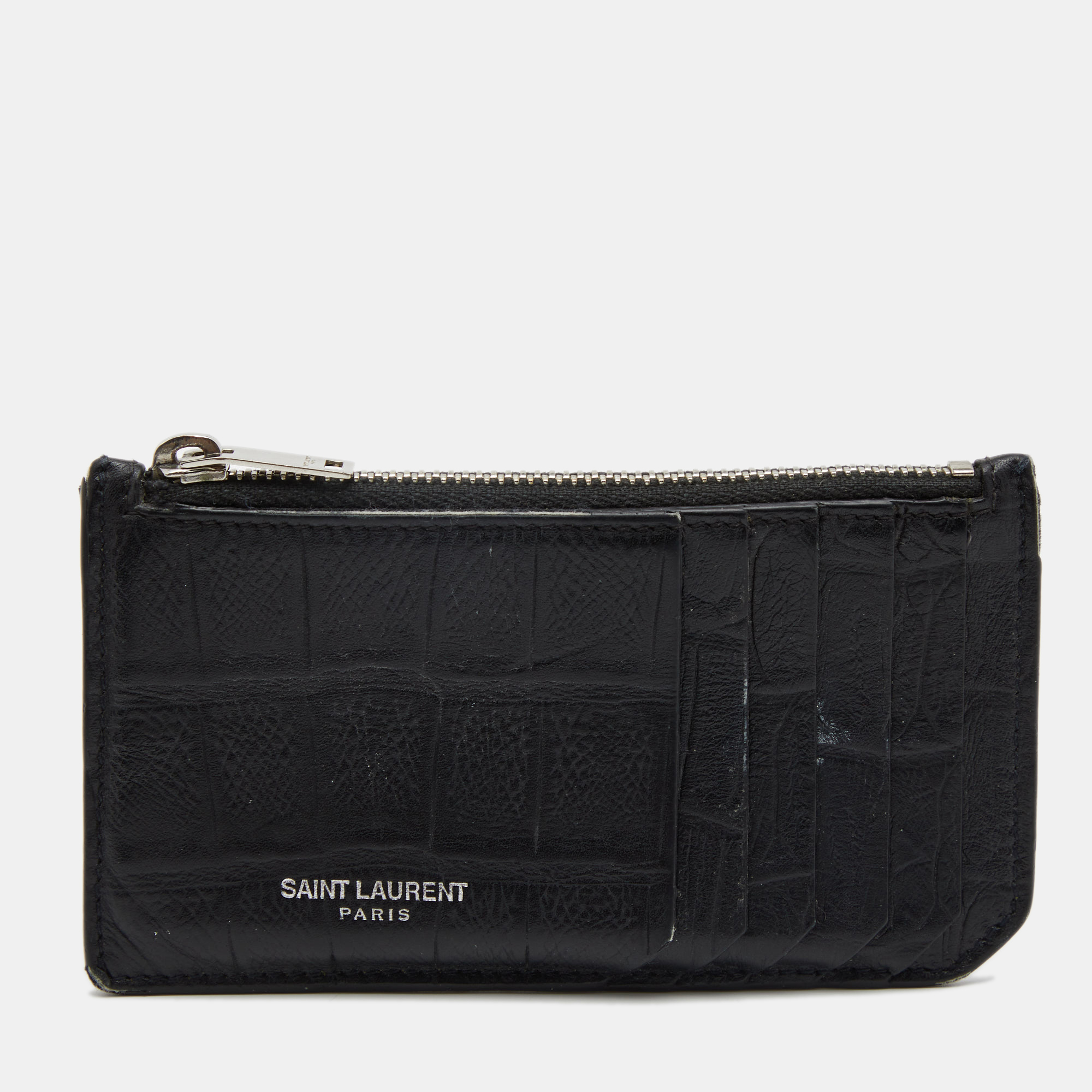 Saint Laurent Black Croc Embossed Leather Card Holder