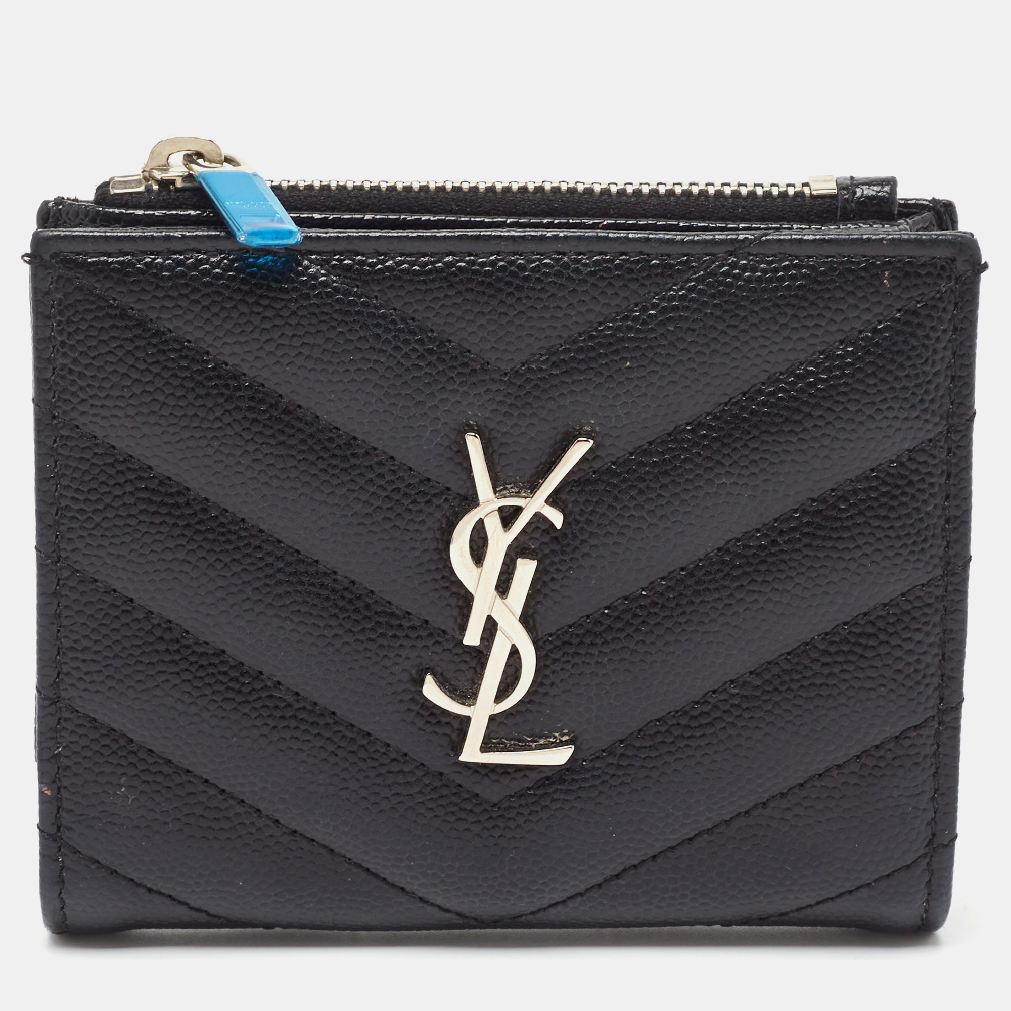 Saint Laurent Black Matelassé Leather Monogram Zip Bifold Wallet