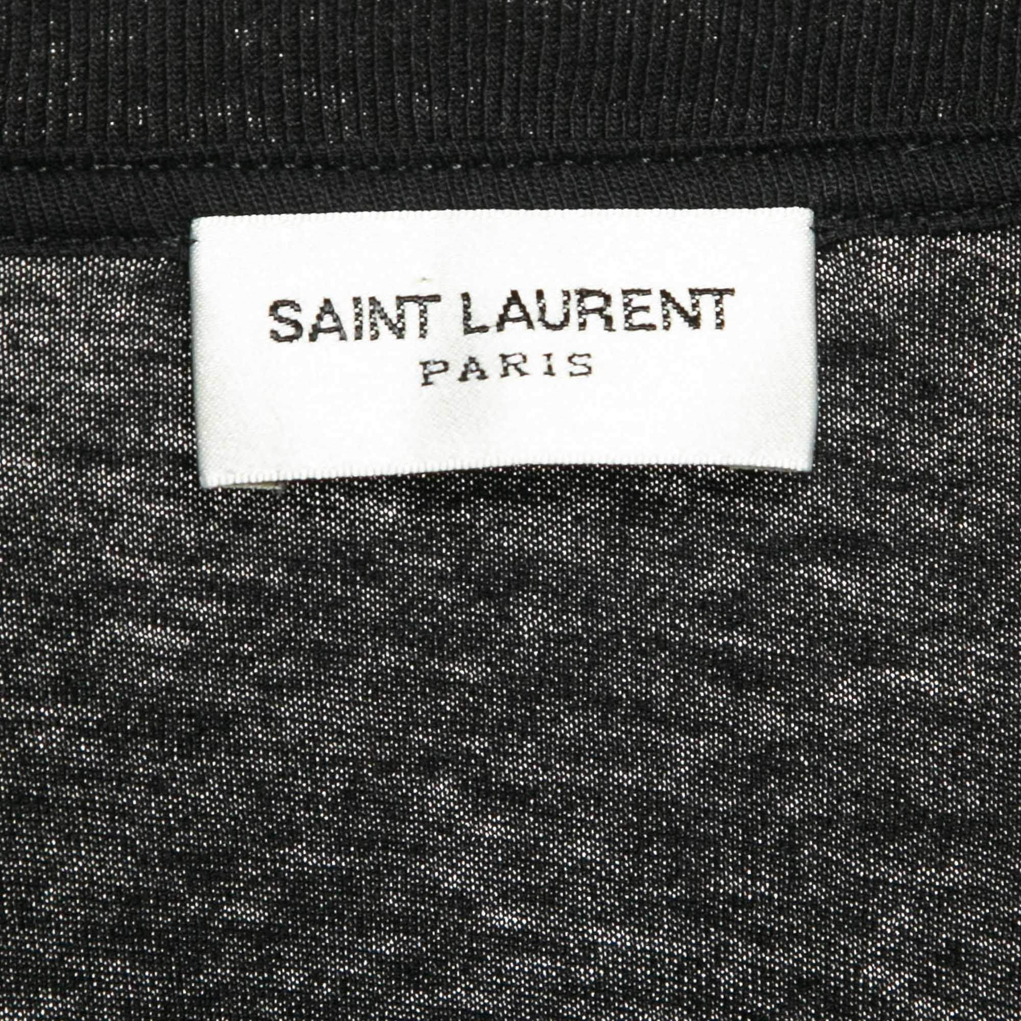 Saint Laurent Paris Black Text Rose Print Jersey T-Shirt XS