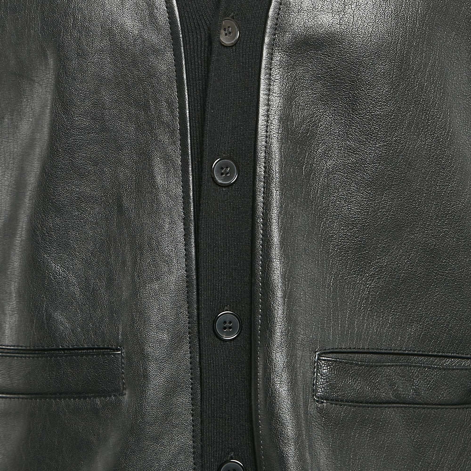 Saint Laurent Paris Black Wool Knit And Leather Jacket XL