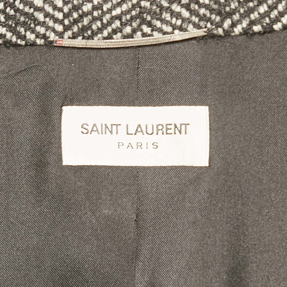 Saint Laurent Grey Herringbone Tweed Double Pea Coat M