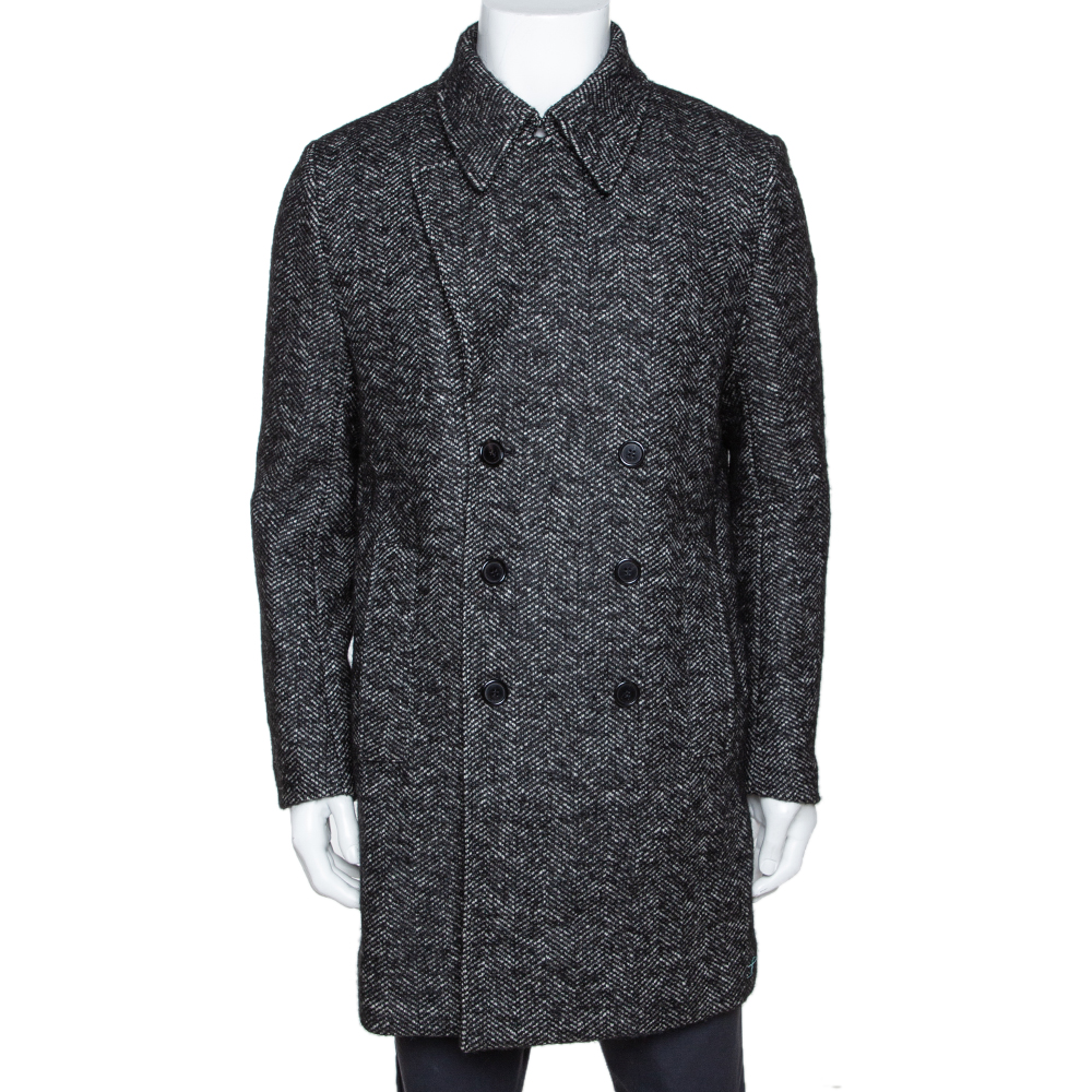 Image of Saint Laurent Paris Monochrome Chevron Tweed Double Breasted Pea Coat L