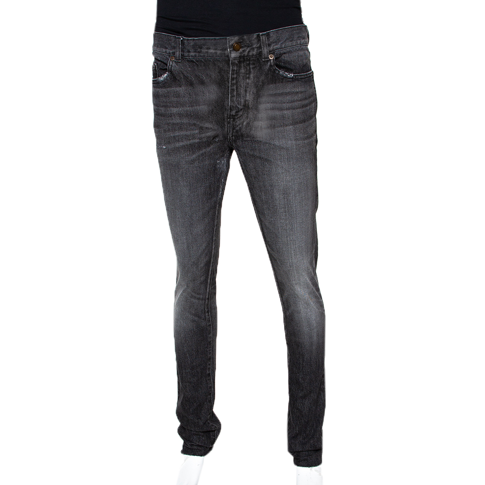 

Saint Laurent Paris Charcoal Grey Medium Wash Denim Raw Edge Jeans