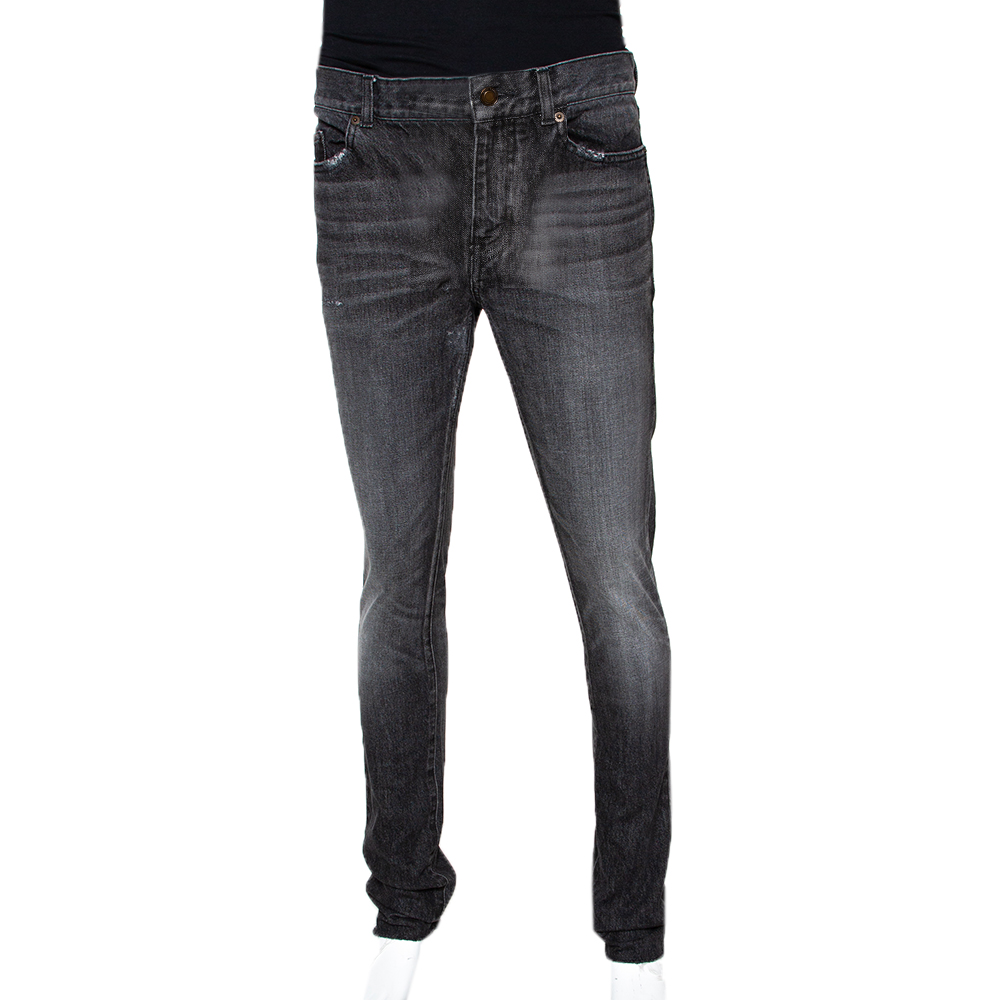 Saint Laurent Paris Charcoal Grey Medium Wash Denim Raw Edge Jeans M