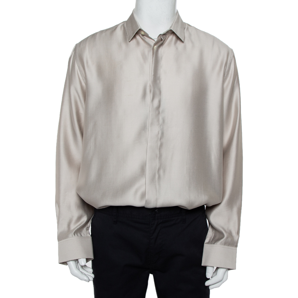 Saint Laurent Paris Beige Modal & Silk Button Front Shirt XXL