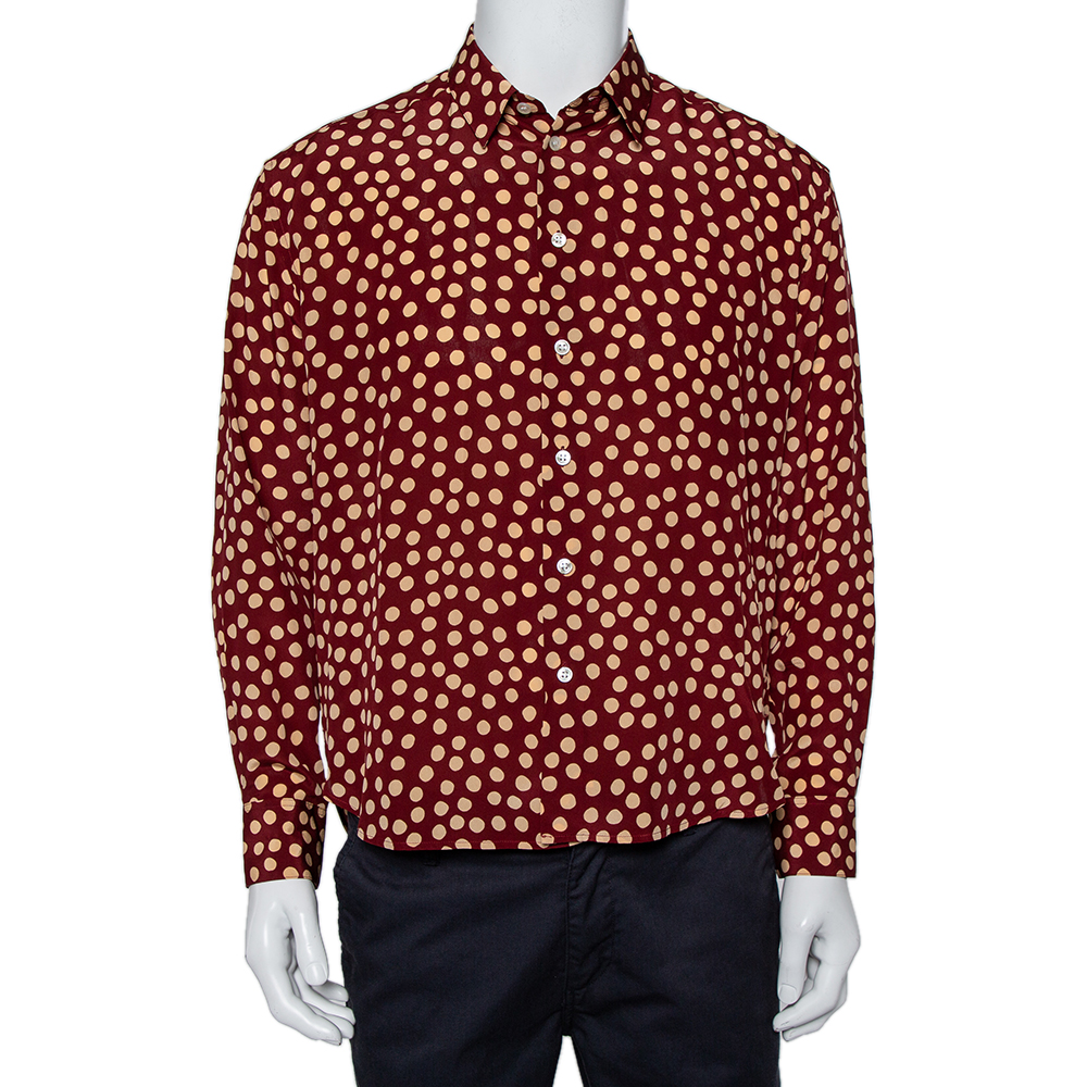 Saint Laurent Paris Burgundy Polka Dot Printed Silk Button Front Shirt L
