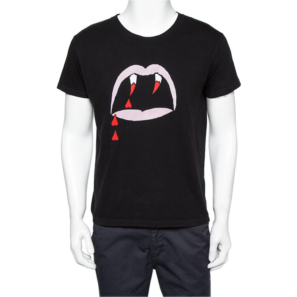 Saint Laurent Paris Black vampire Printed Cotton Crewneck T-Shirt S