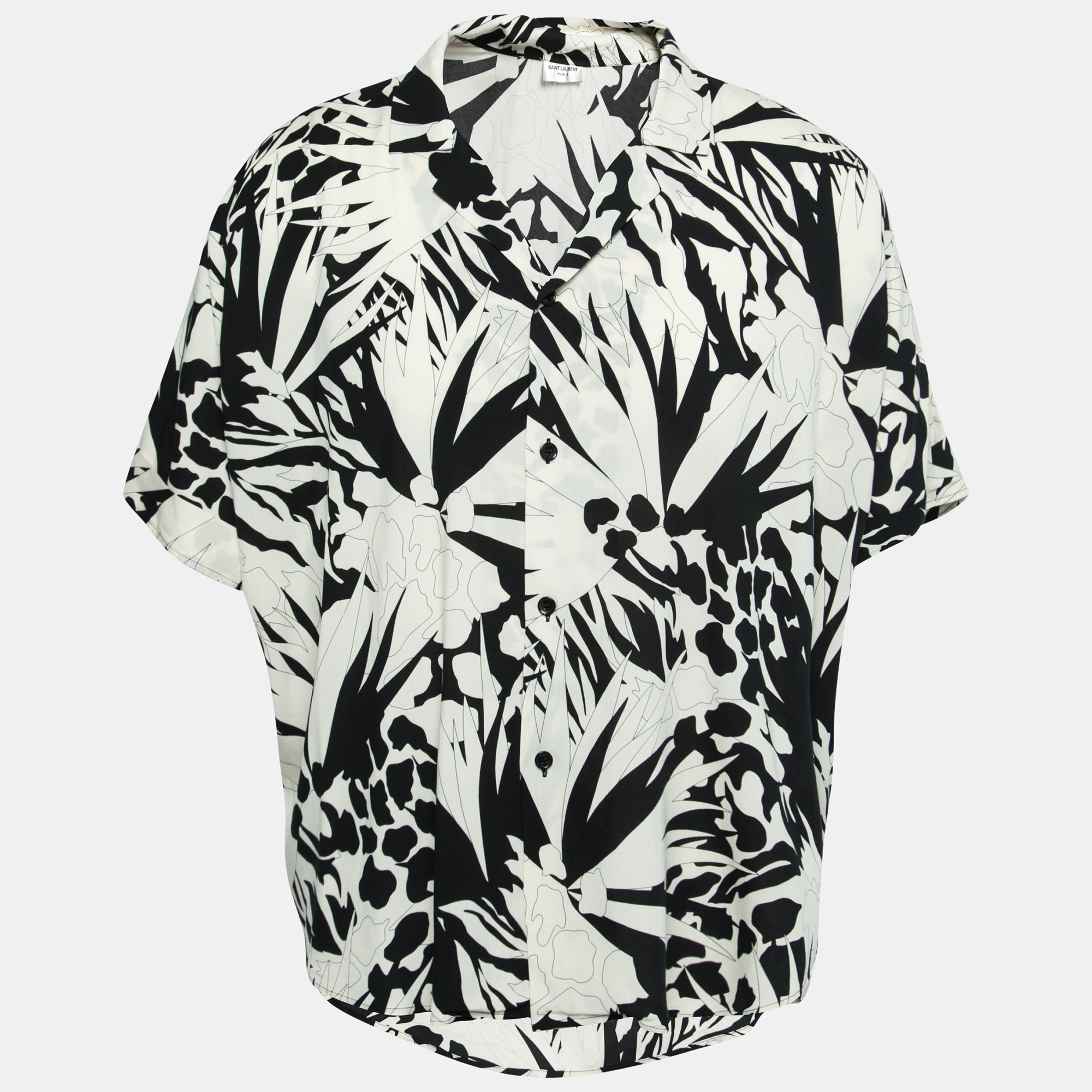 Saint laurent paris saint laurent monochrome jungle print crepe de chine short sleeve shirt xxl