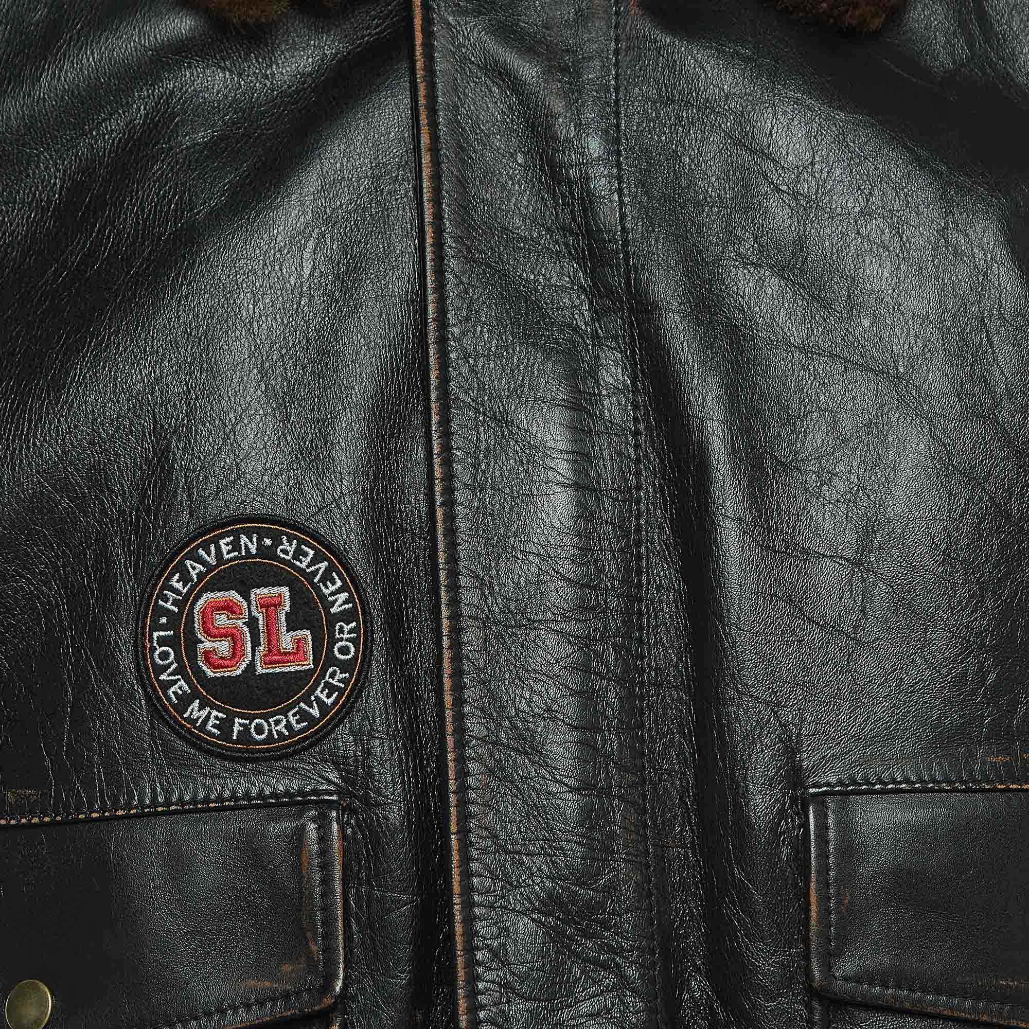 Saint Laurent Paris Brown Applique Detail Leather Jacket XL