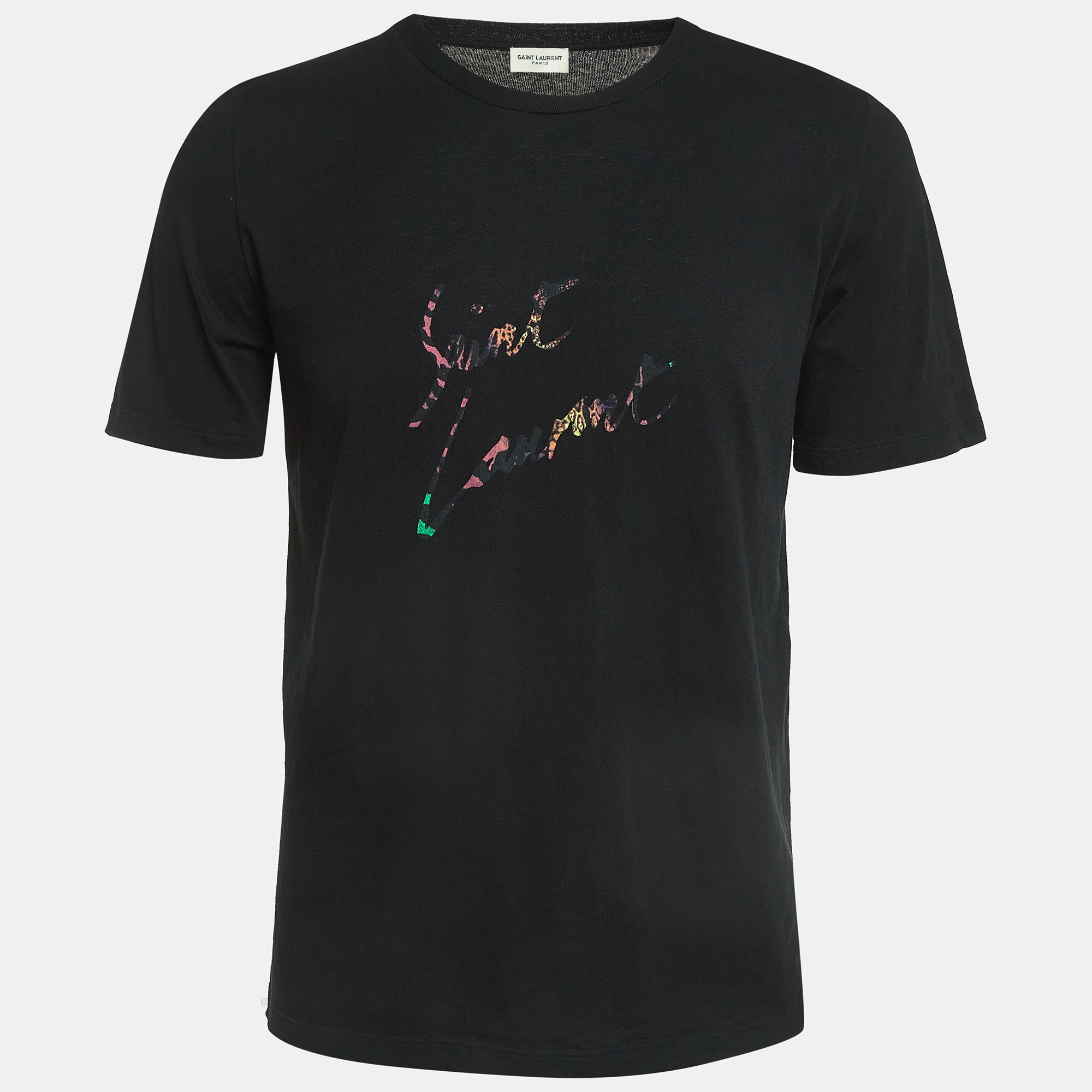 Saint Laurent Paris Logo Print Cotton Raw Back Hem T-Shirt S