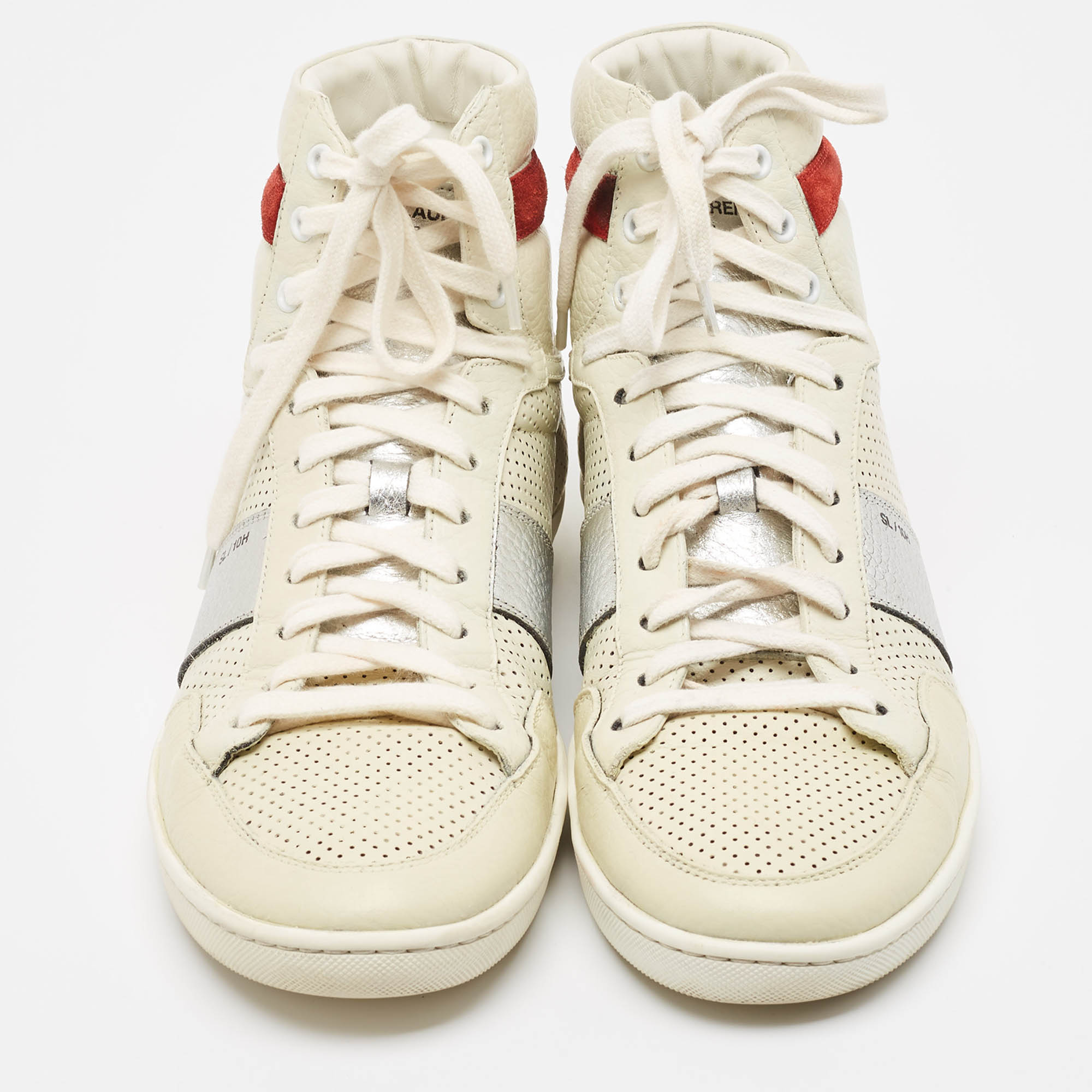 Saint Laurent Paris White Perforated Leather High Top Sneakers Size 43