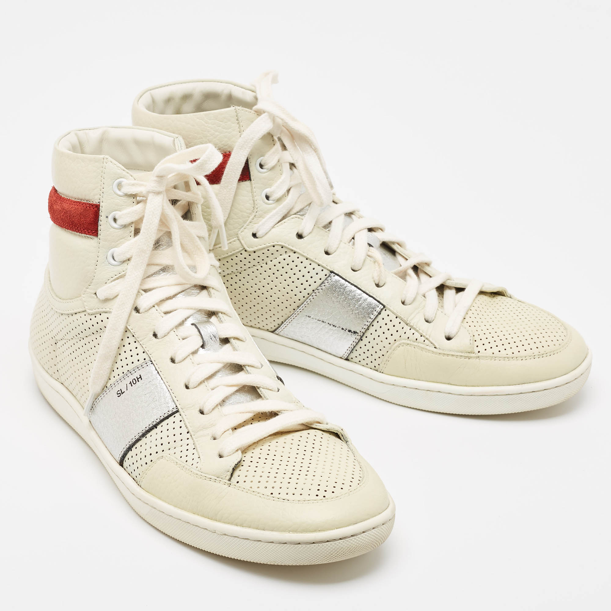 Saint Laurent Paris White Perforated Leather High Top Sneakers Size 43