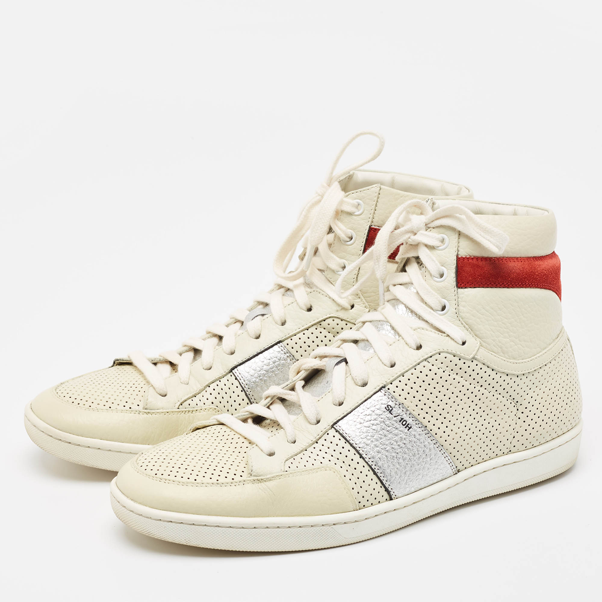 Saint Laurent Paris White Perforated Leather High Top Sneakers Size 43