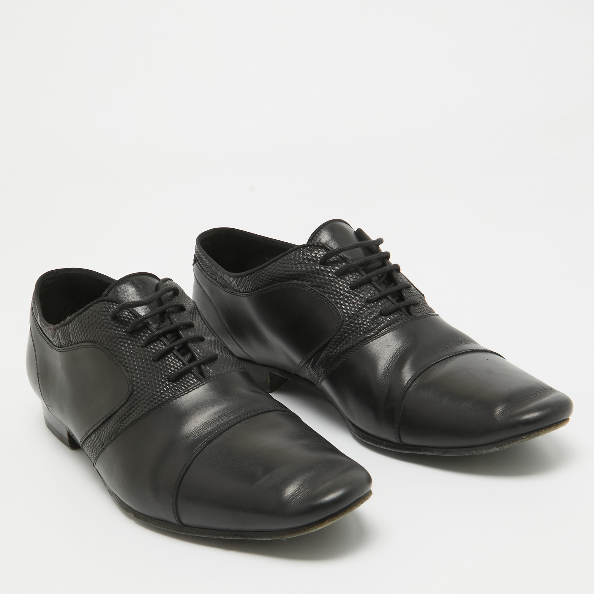 Saint Laurent Black Lizard Embossed And Leather Lace Up Oxfords Size 42