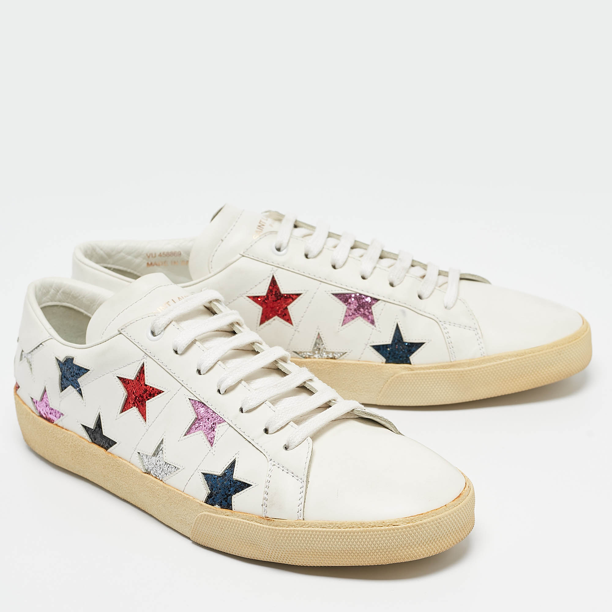 Saint Laurent White Leather Court Classic Lace Up Sneakers Size 44