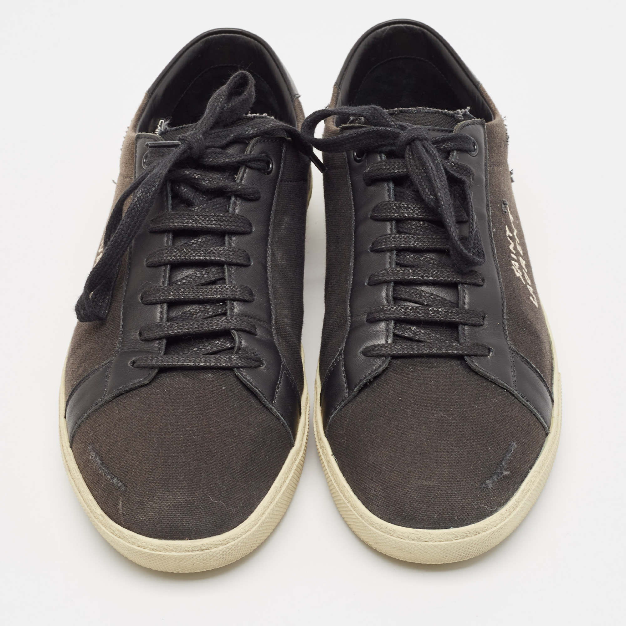 Saint Laurent Black Distressed Canvas Court Classic Sneakers Size 45