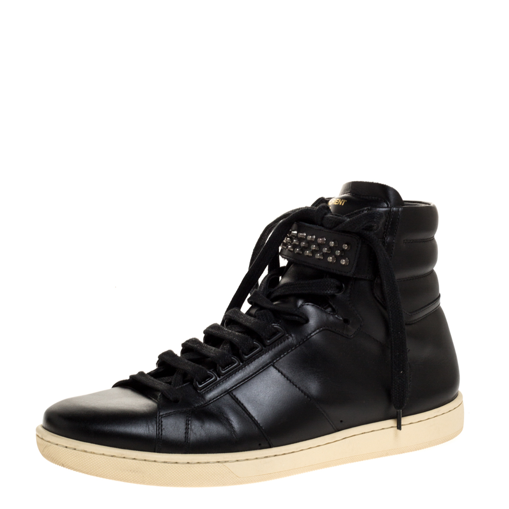 Image of Saint Laurent Black Leather Studded High Top Sneakers Size