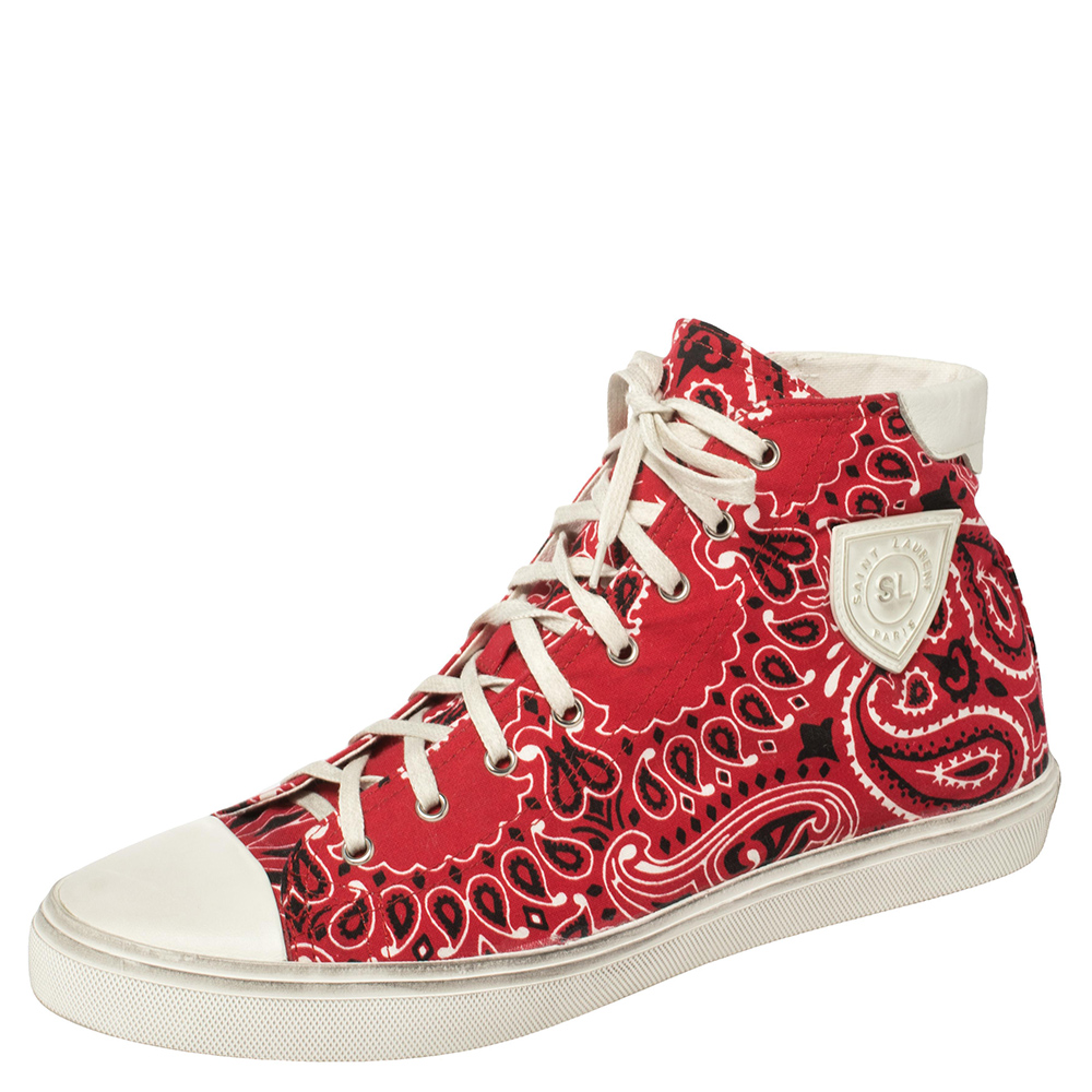 Saint Laurent Red/White Bandana Print Fabric And Leather Bedford High Top Sneakers Size 45
