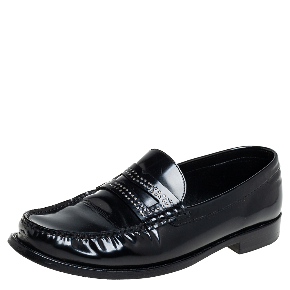 Saint Laurent Black Leather Embellished Penny Slip On Loafers Size 45
