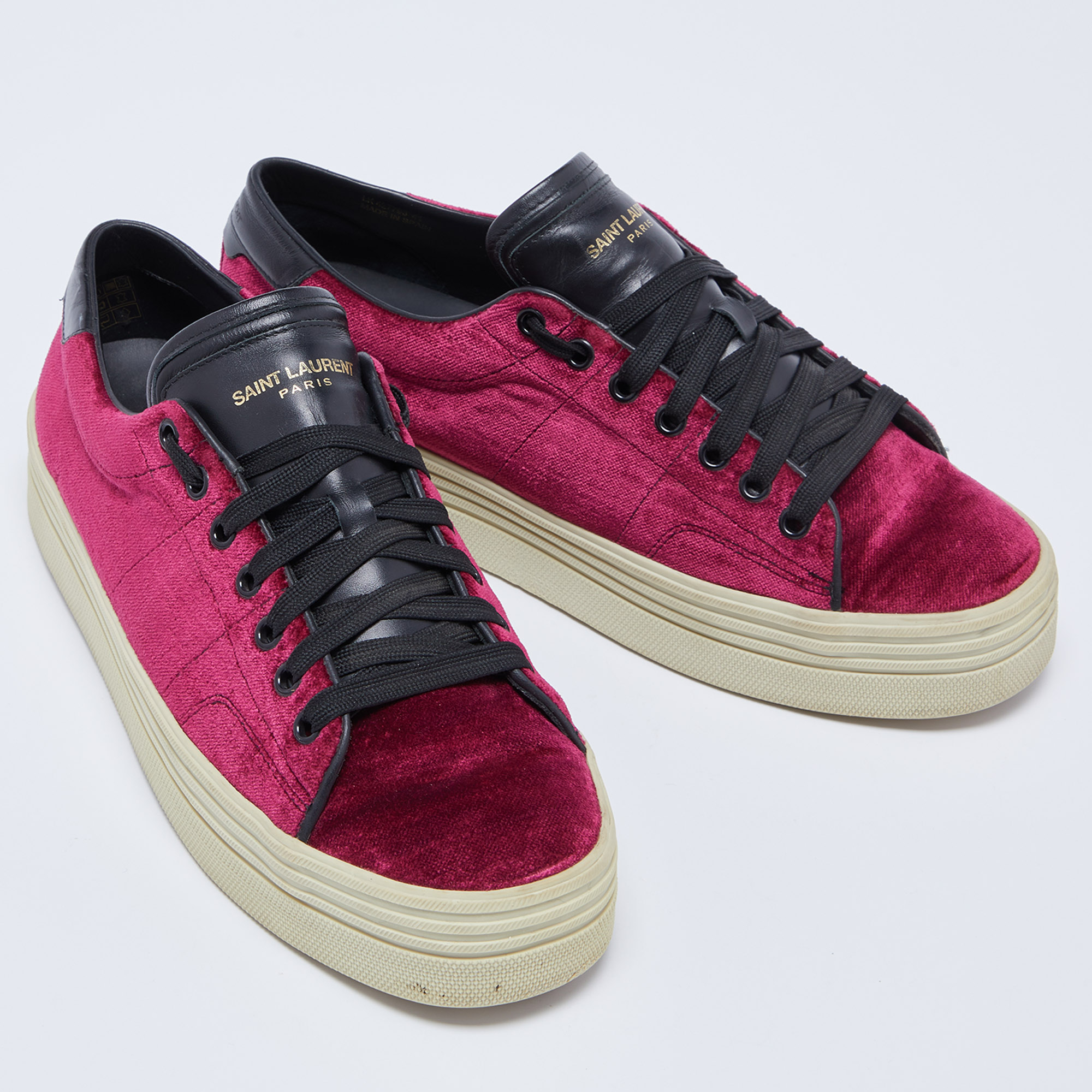 Saint Laurent Burgundy Velvet And Leather Low Top Sneakers Size 41