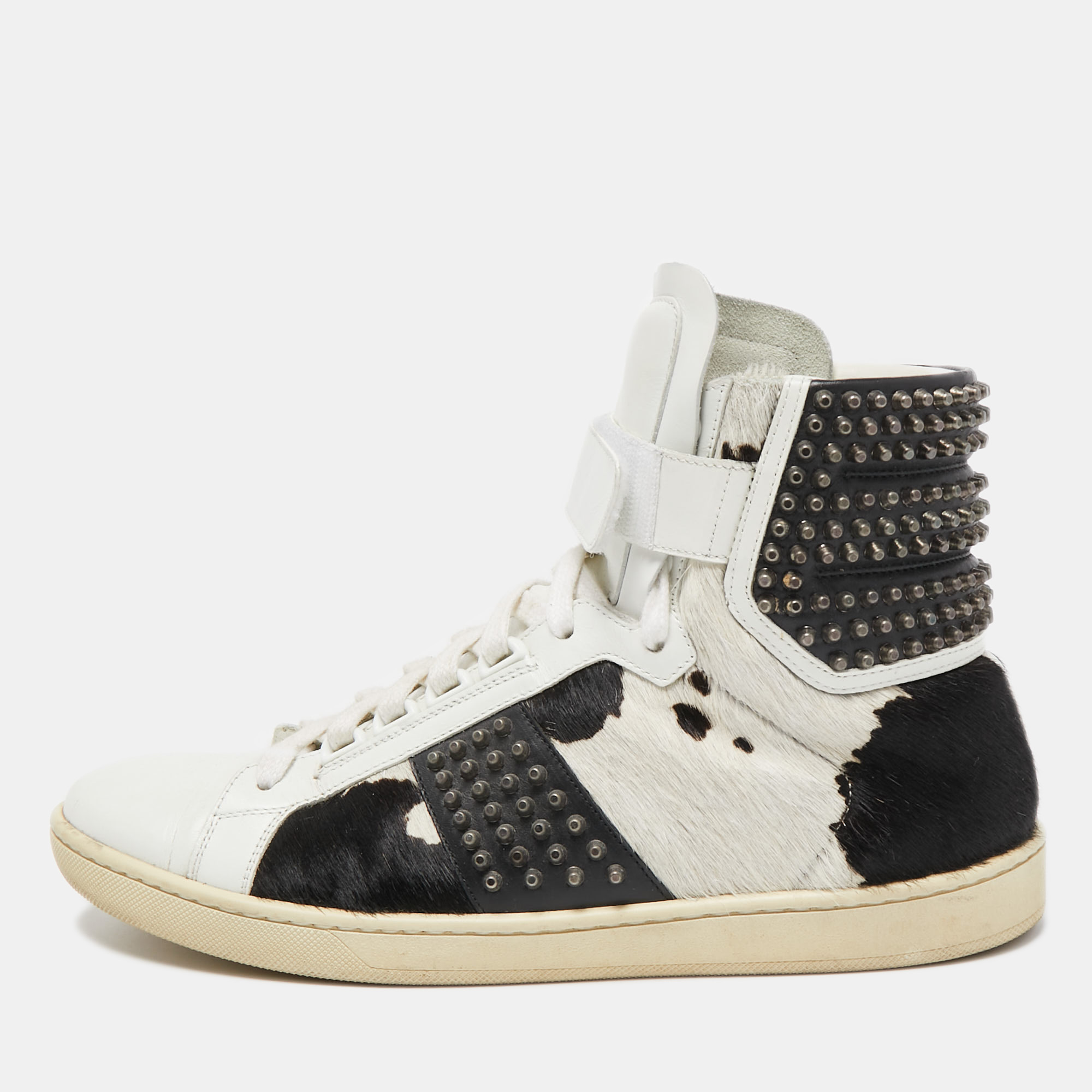 Saint laurent paris saint laurent black/white leather and calf hair studded high top sneakers size 41