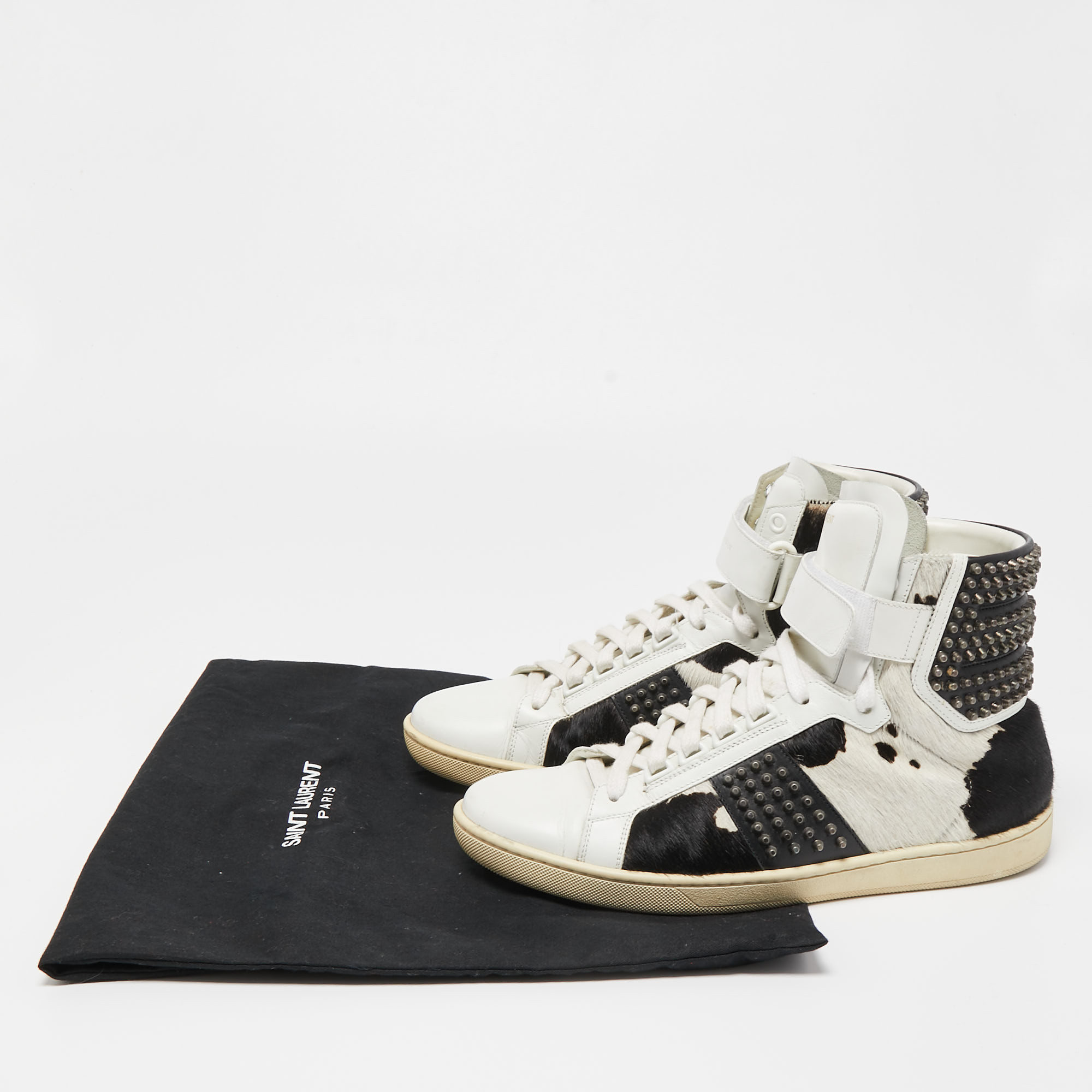 Saint Laurent Black/White Leather And Calf Hair Studded High Top Sneakers Size 41