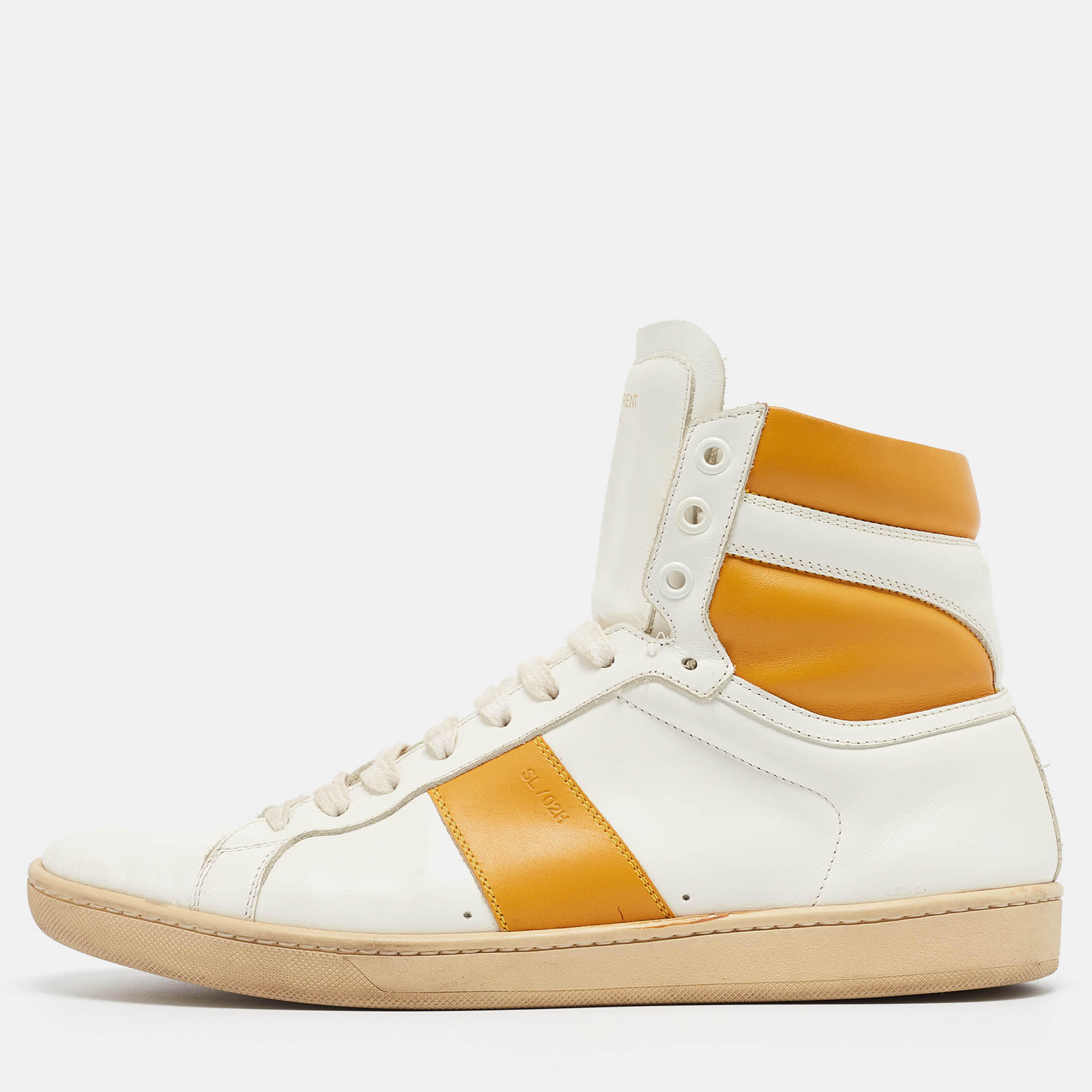 Saint laurent paris saint laurent white/orange leather high top sneakers size 42