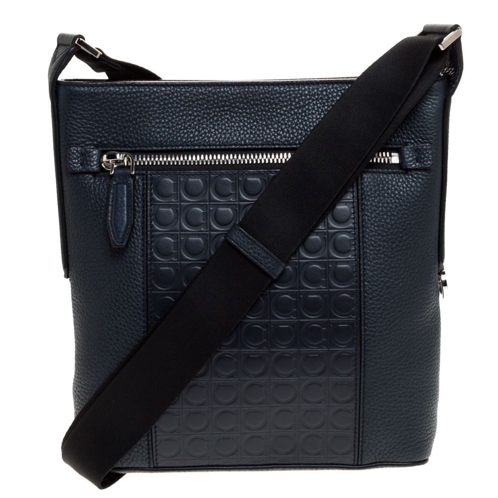 Image of Salvatore Ferragamo Navy Blue Gancio Embossed Leather Messenger Bag