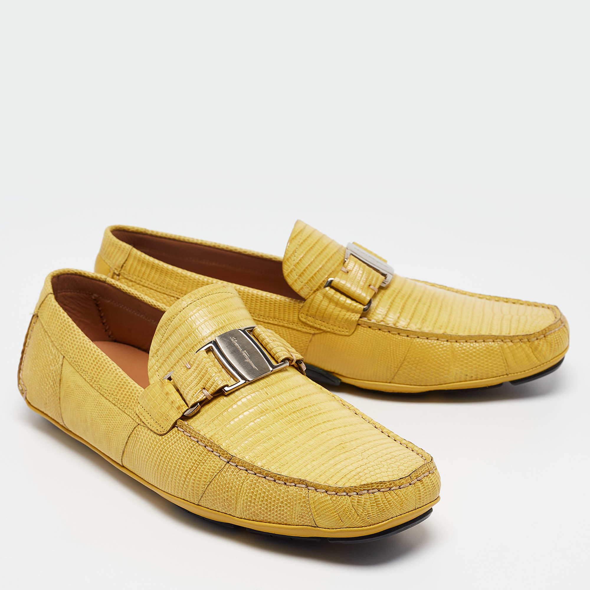 Salvatore Ferragamo Yellow Lizard Sardegna Loafers Size 44.5