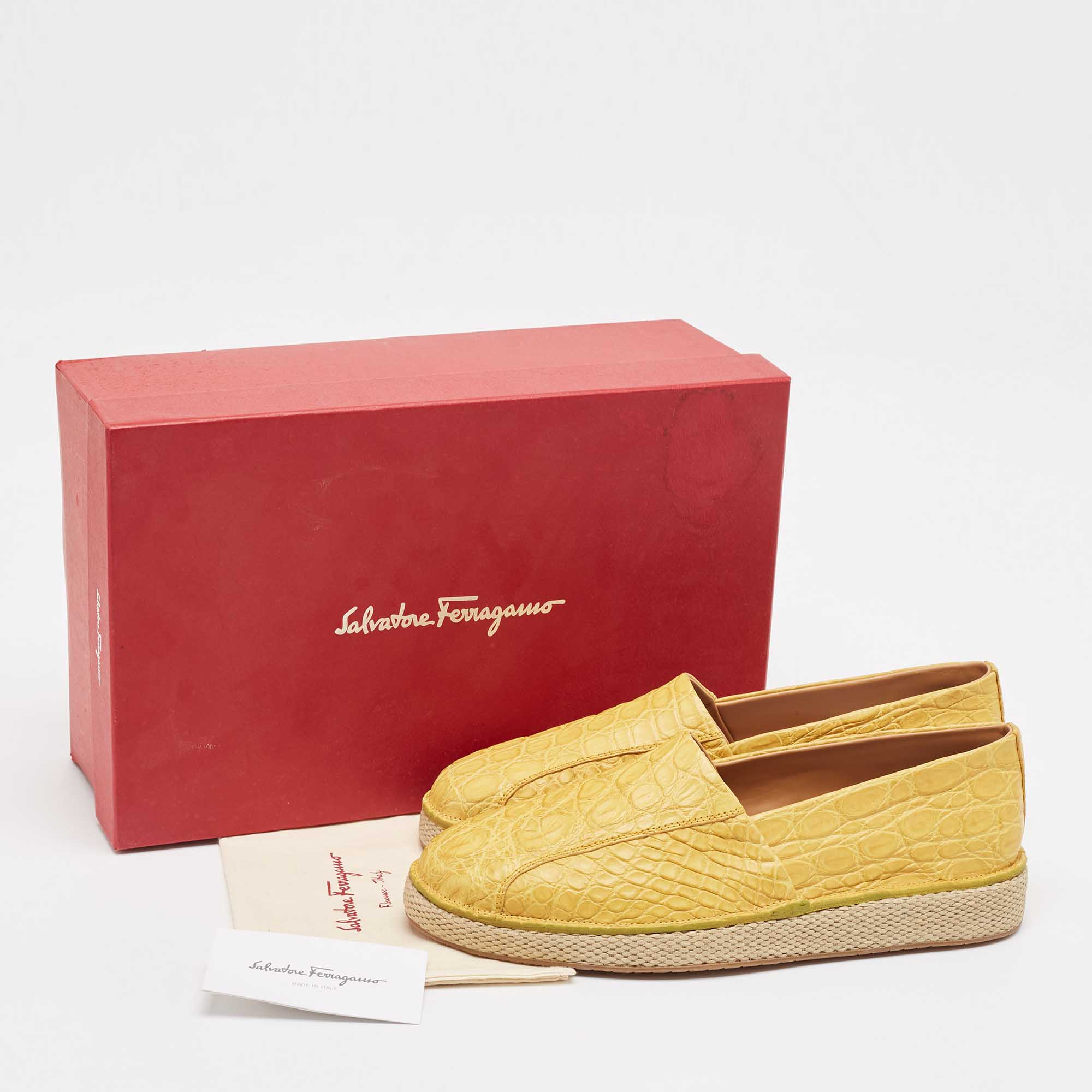 Salvatore Ferragamo Yellow Crocodile Leather Lampedusa Slip On Espadrille Size 43