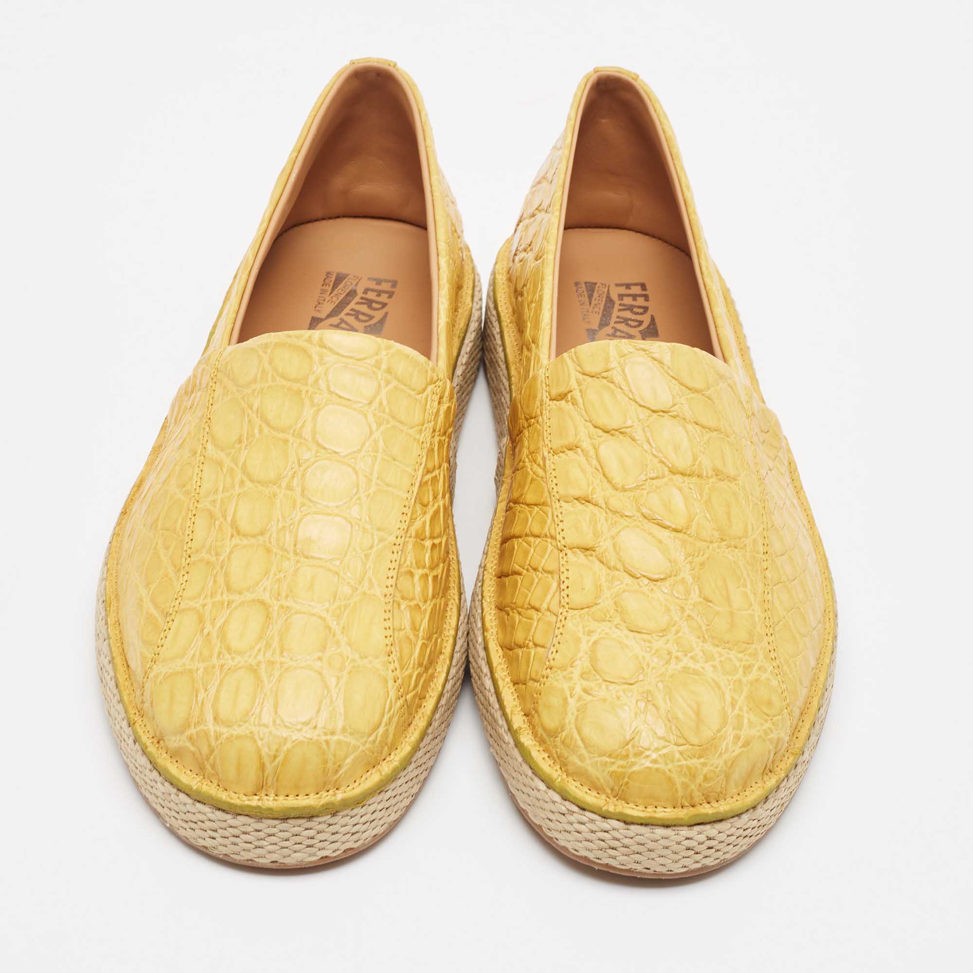 Salvatore Ferragamo Yellow Crocodile Leather Lampedusa Slip On Espadrille Size 43