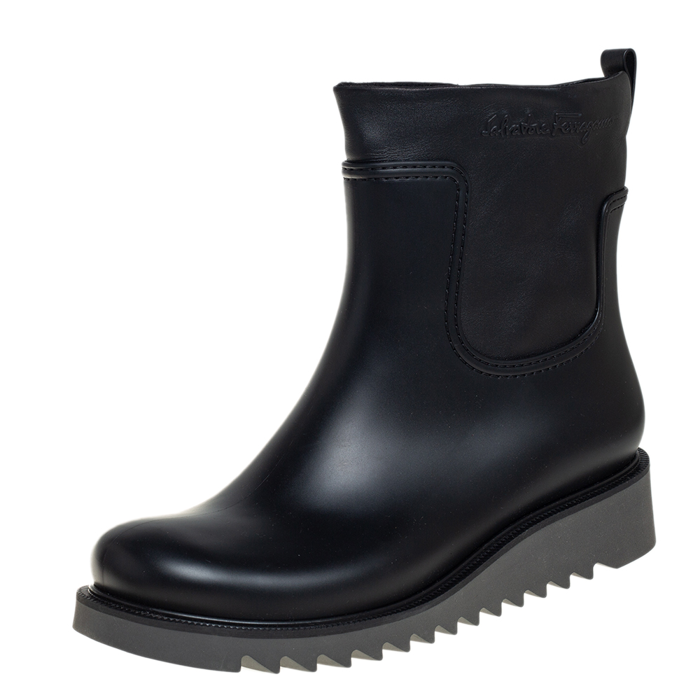 Salvatore Ferragamo Black Rubber and Leather Ankle Boots Size 42