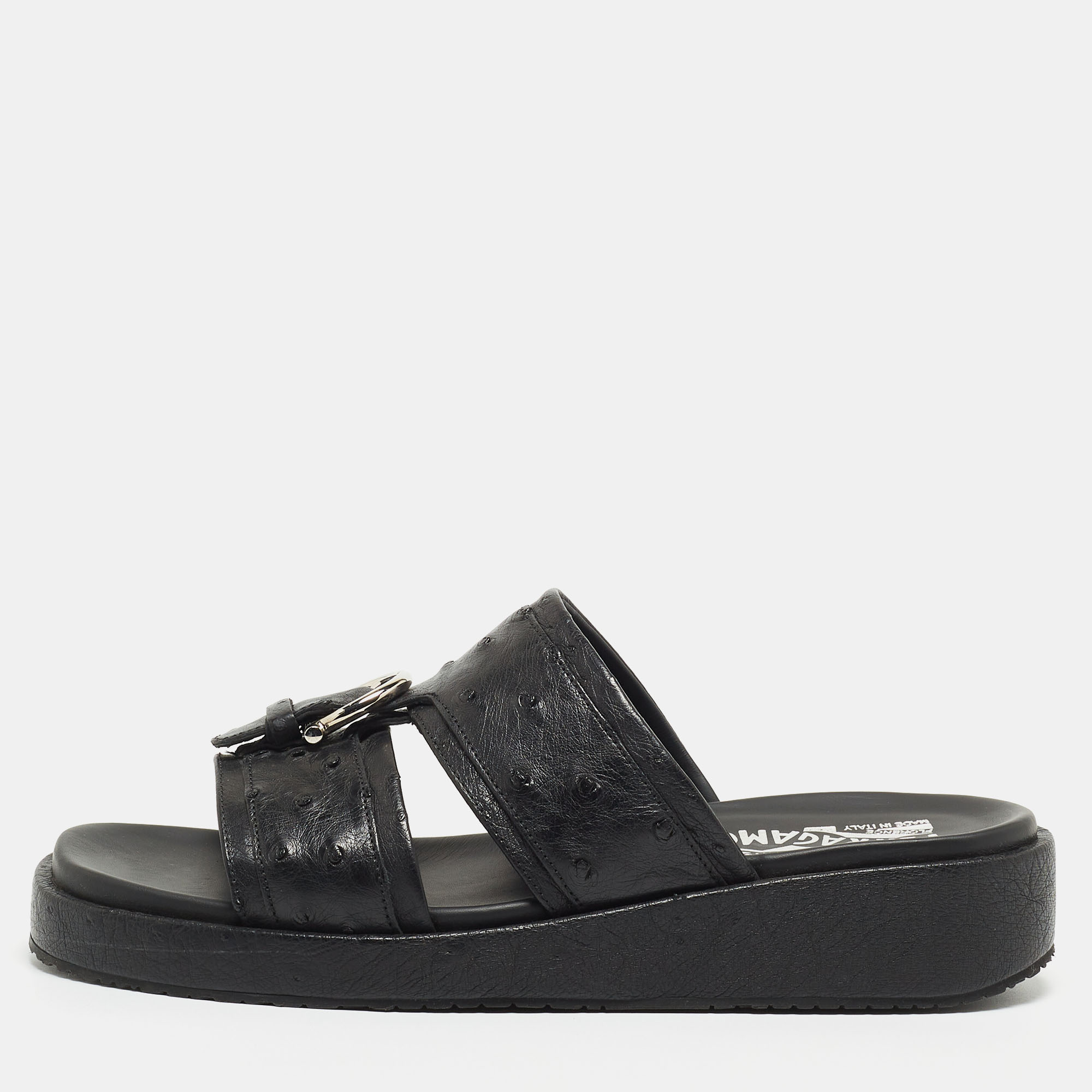 Salvatore Ferragamo Black Ostrich Leather Lufti Buckle Detail Slide Sandals Size 41