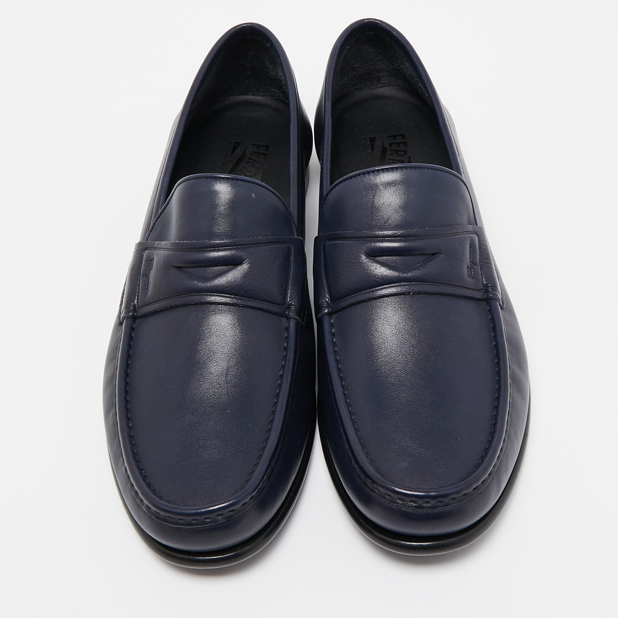 Salvatore Ferragamo Navt Blue Leather Connor Slip On Loafers Size 45