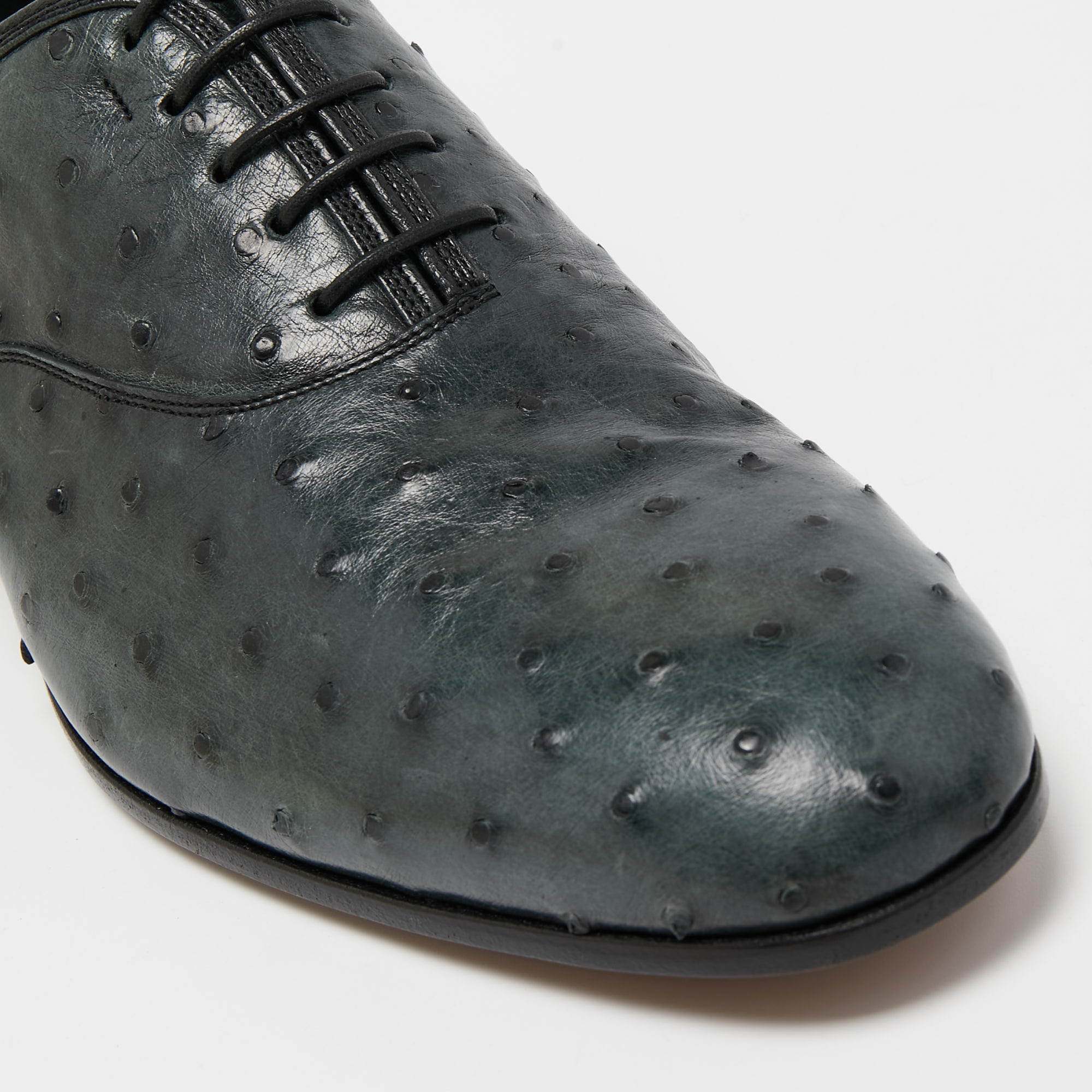 Salvatore Ferragamo Dark Teal Ostrich Leather Gris Oxfords Size 41.5