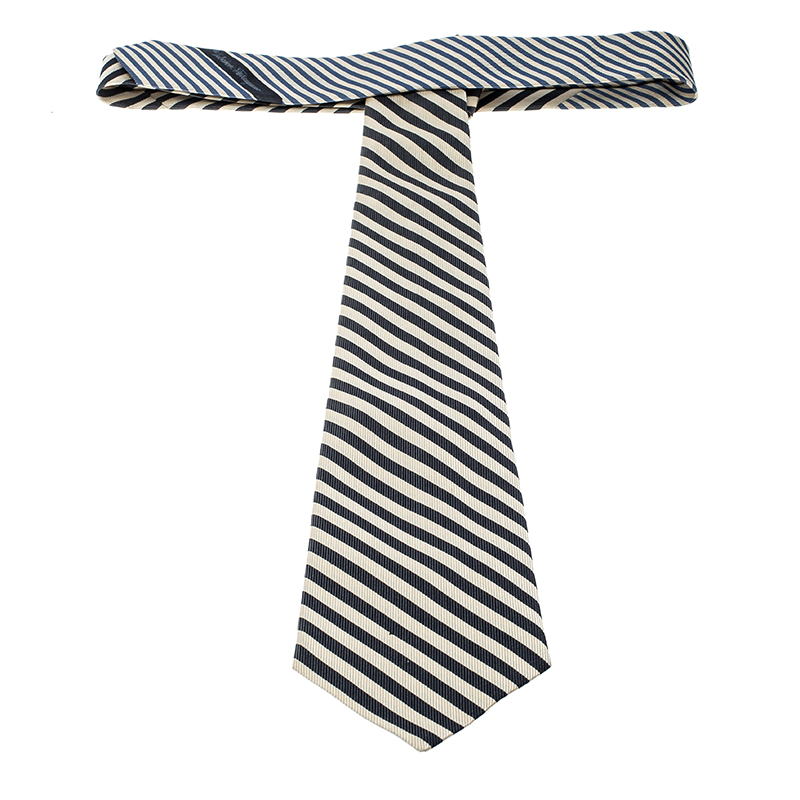 Salvatore Ferragamo Vintage Beige And Blue Diagonal Striped Silk Tie