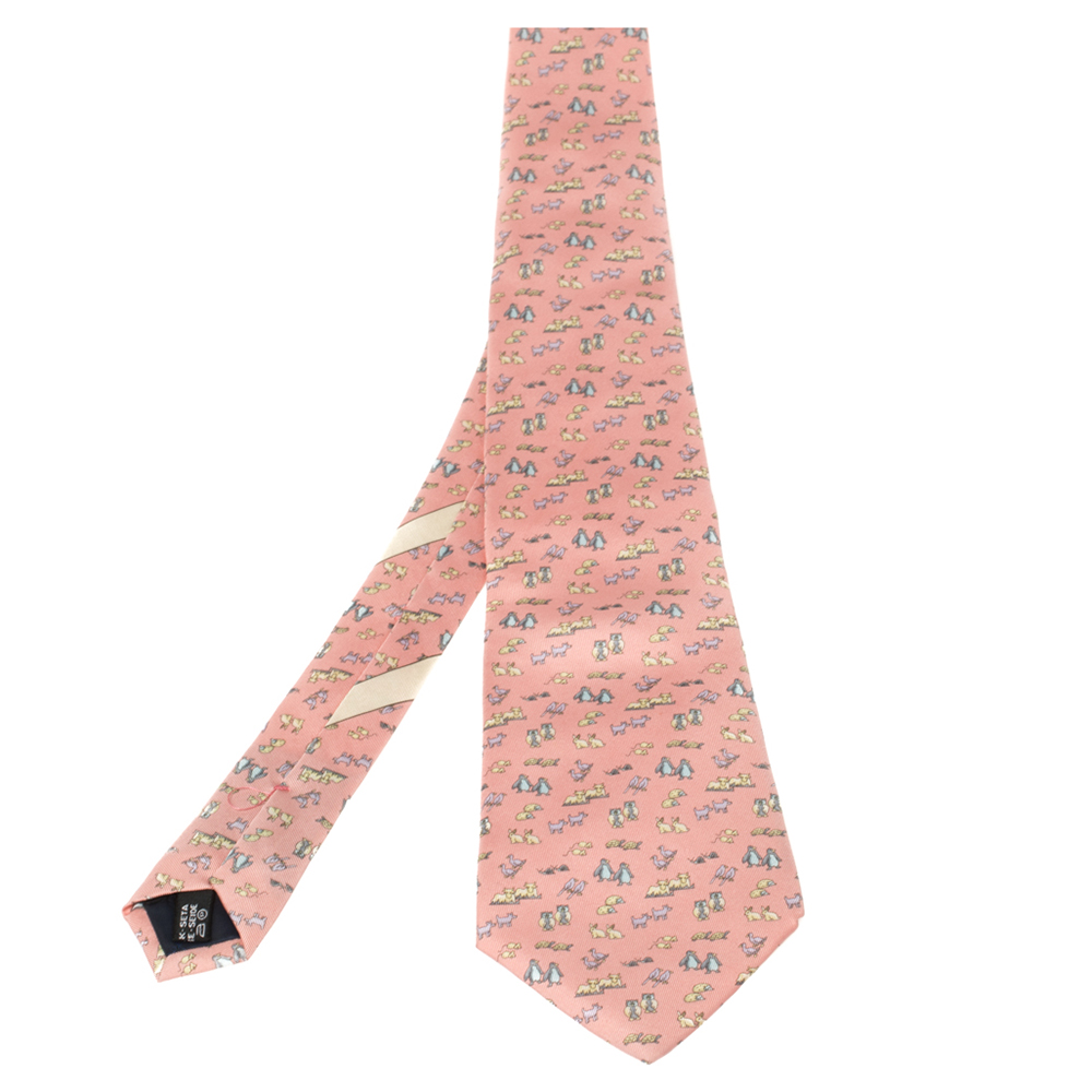 Salvatore Ferragamo Pink Animal Print Silk Tie