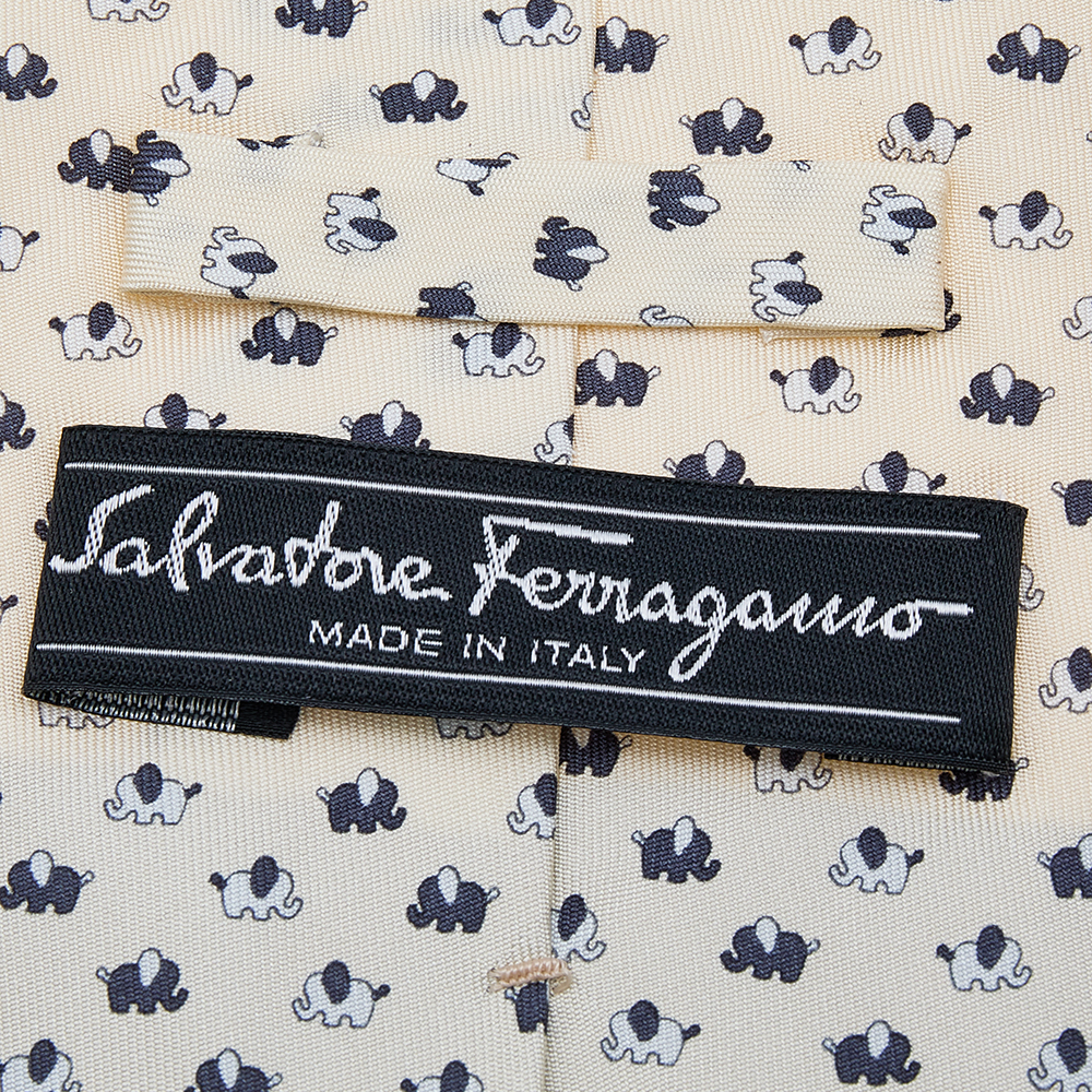 Salvatore Ferragamo Cream Elephant Print Silk Tie