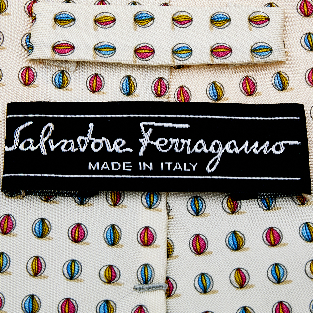 Salvatore Ferragamo Cream Ball Printed Silk Tie