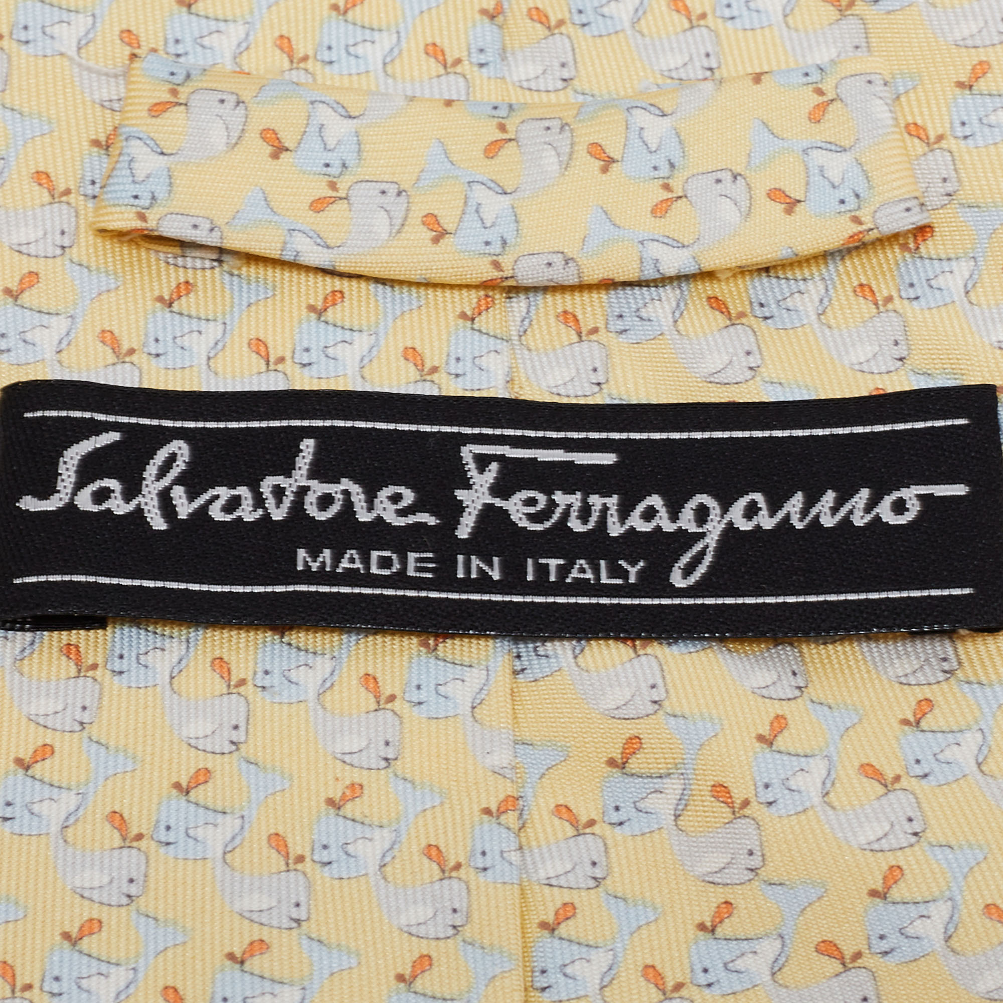 Salvatore Ferragamo Pale Yellow Whale Printed Silk Tie