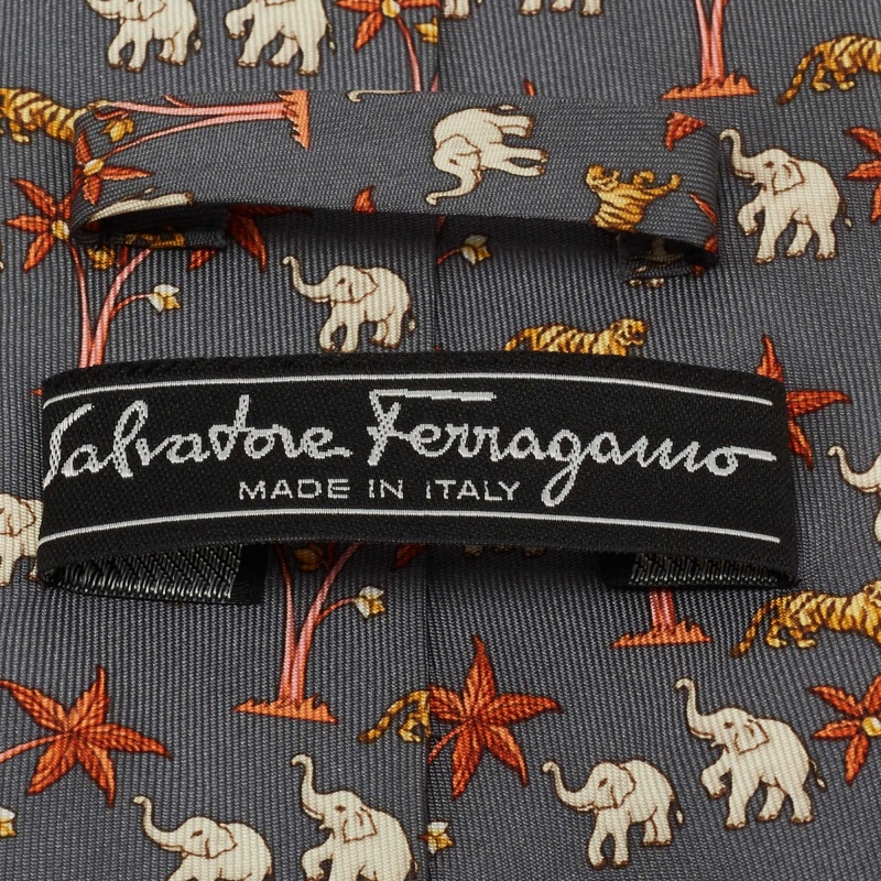 Salvatore Ferragamo Grey Elephant Print Silk Tie