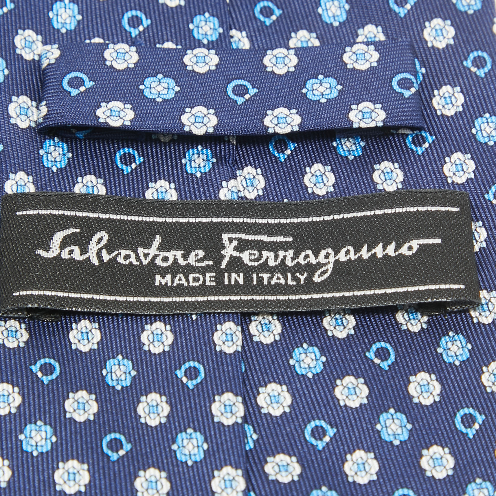 Salvatore Ferragamo Navy Blue Logo Print Silk Tie
