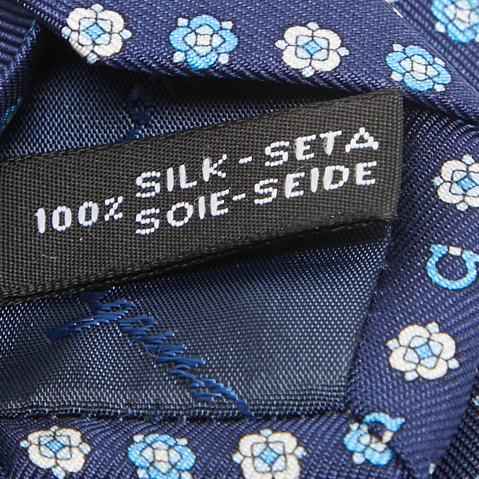 Salvatore Ferragamo Navy Blue Logo Print Silk Tie
