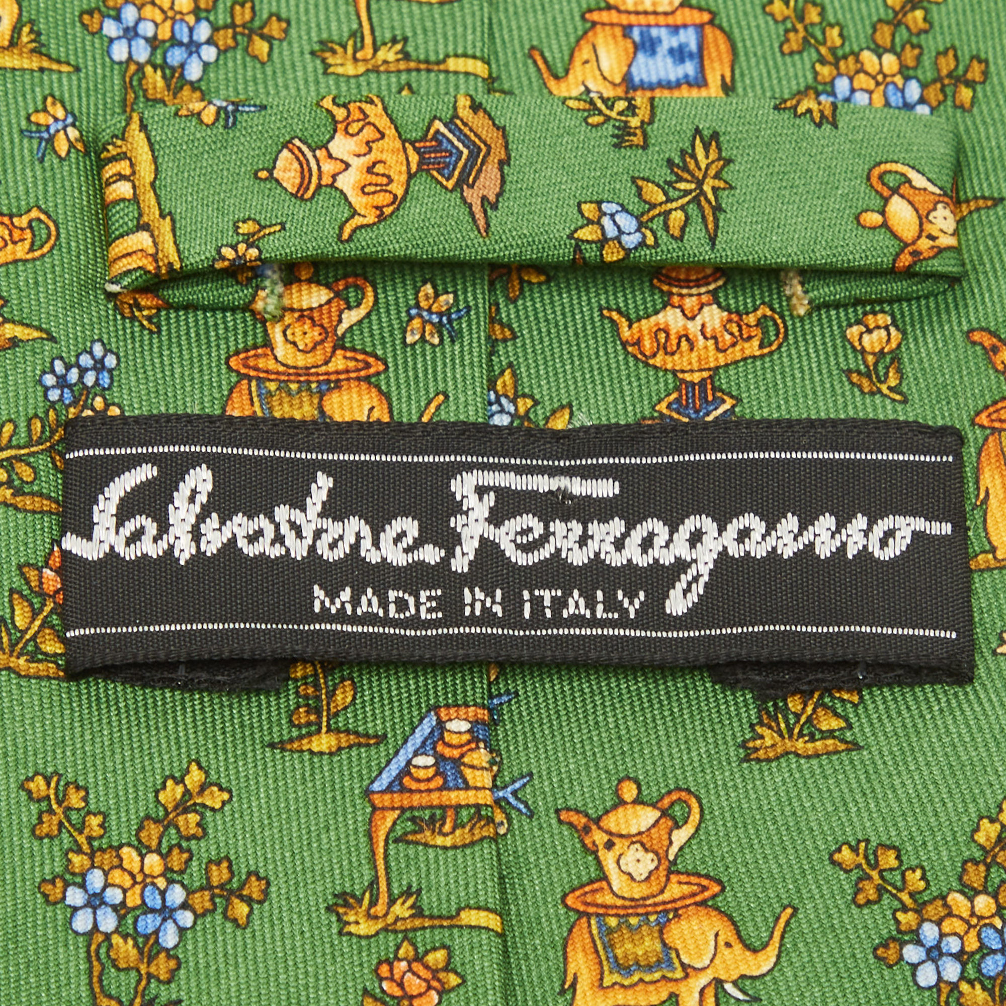Salvatore Ferragamo Green Elephant Print Silk Traditional Tie